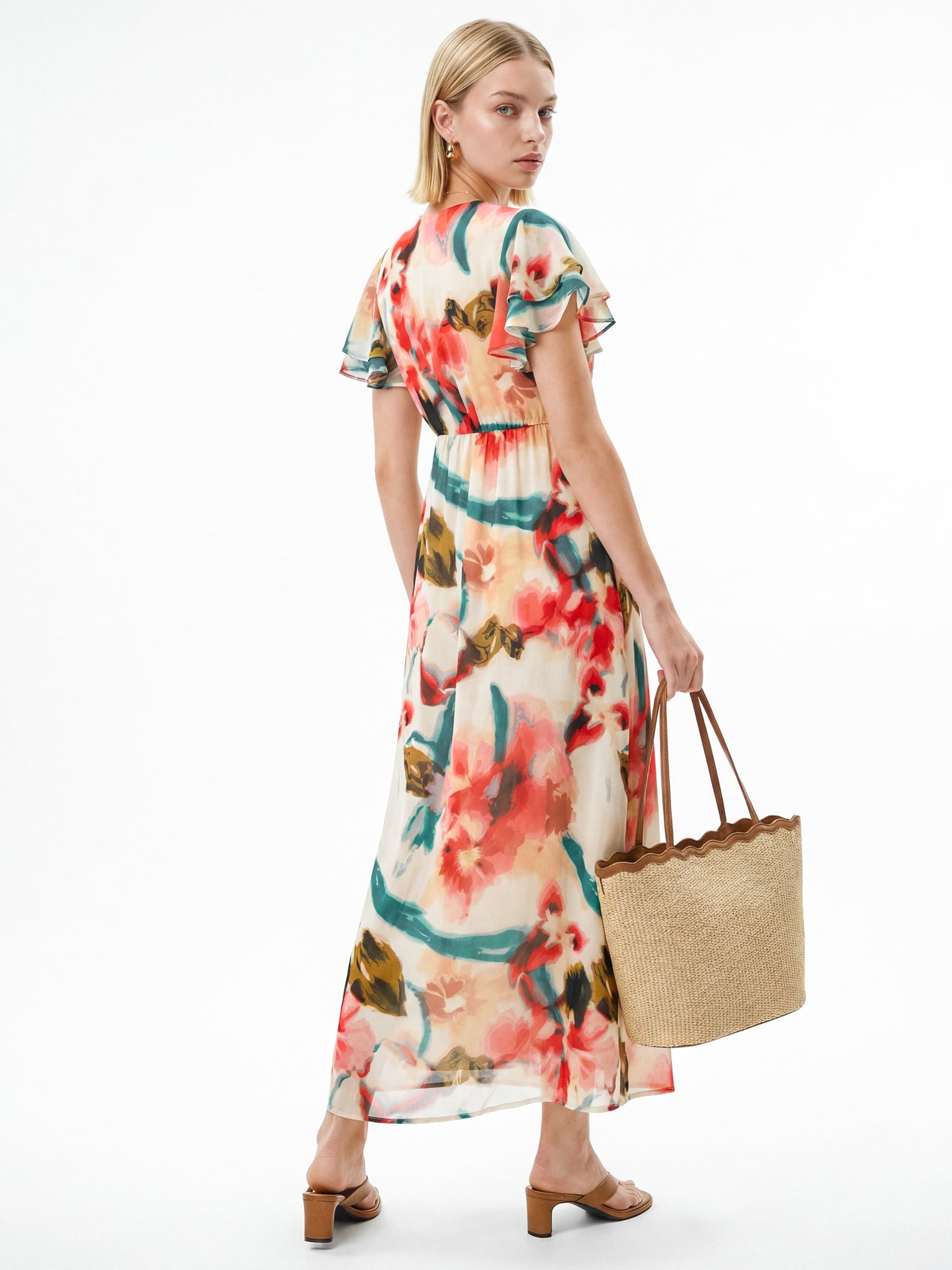Lovedrobe Abstract Floral Print V Neck Flutter Sleeve Midaxi Dress