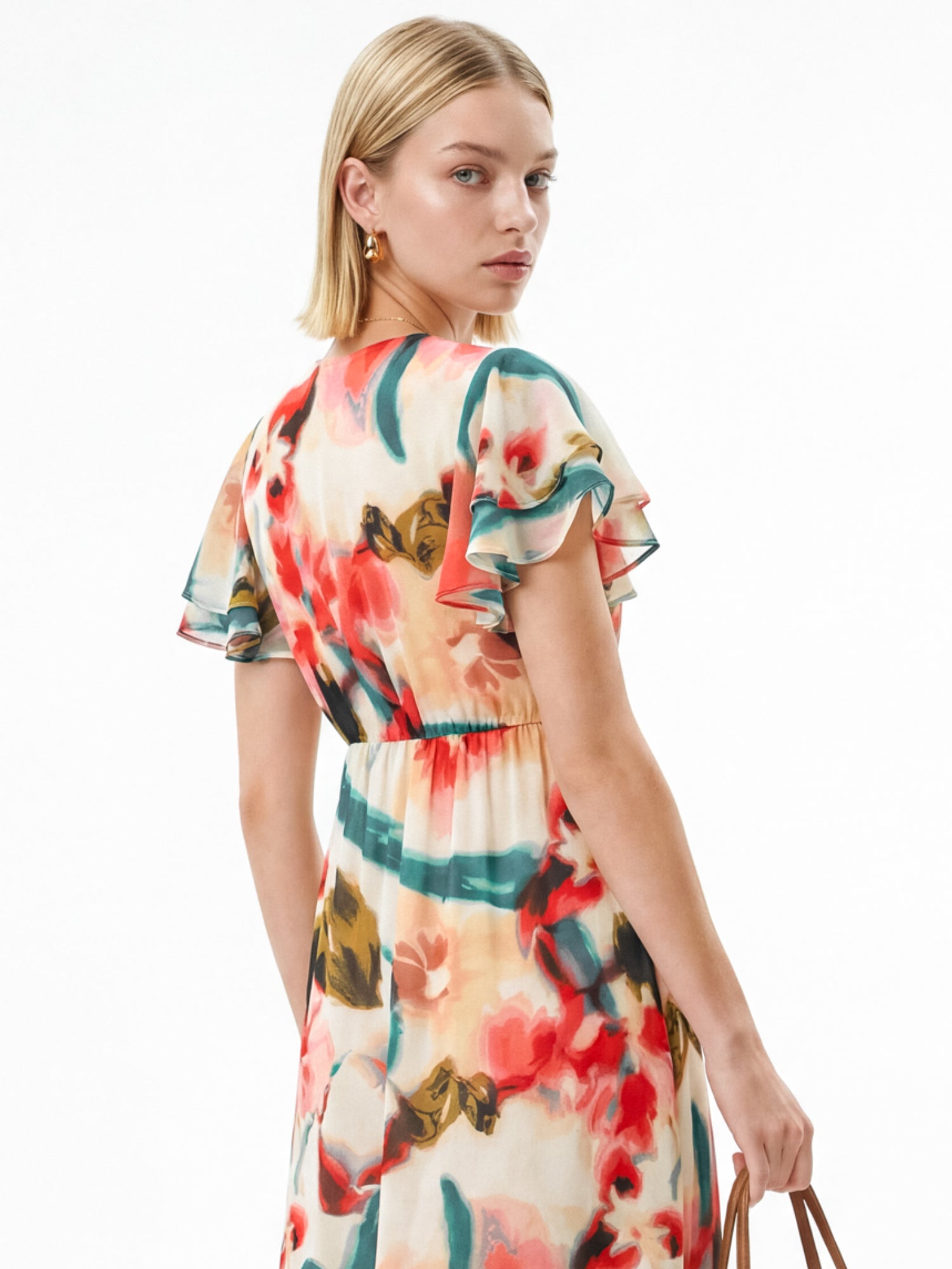 Lovedrobe Abstract Floral Print V Neck Flutter Sleeve Midaxi Dress
