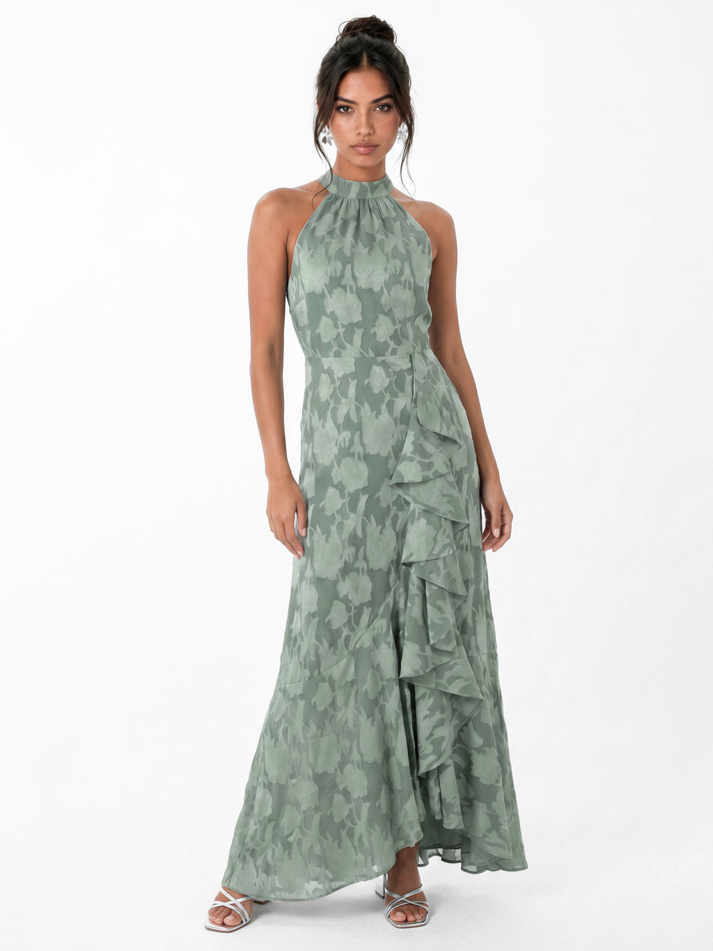 Anaya With Love Recycled Willow Green Halter Neck Ruffle Maxi Dress