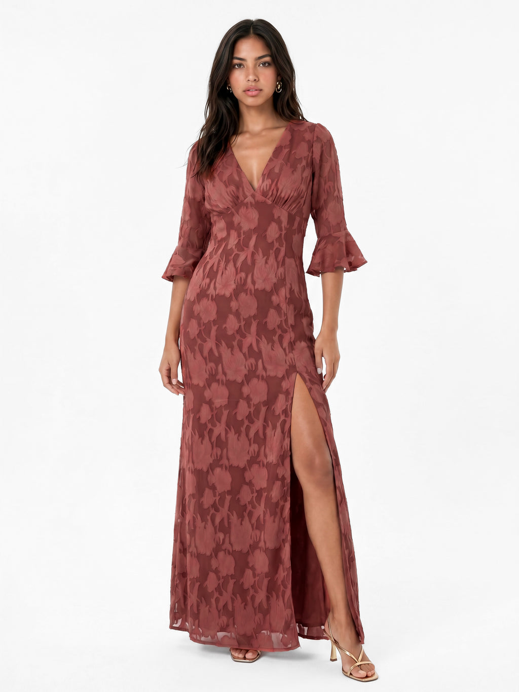 Anaya With Love Recycled Rusted Rose 3/4 Fluted Sleeves Maxi Dress