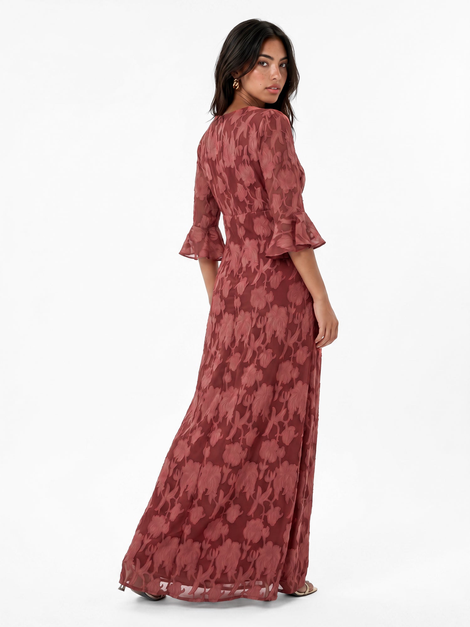 Anaya With Love Recycled Rusted Rose 3/4 Fluted Sleeves Maxi Dress