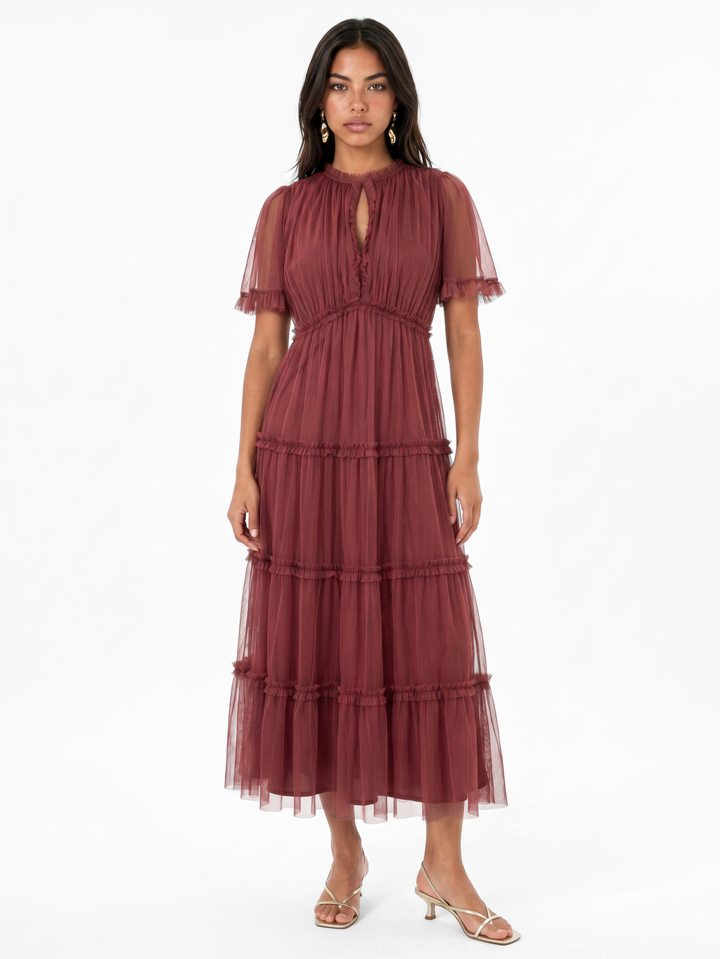 Anaya with Love Rusted Rose Keyhole Detail Short Sleeve Frill Midaxi Dress
