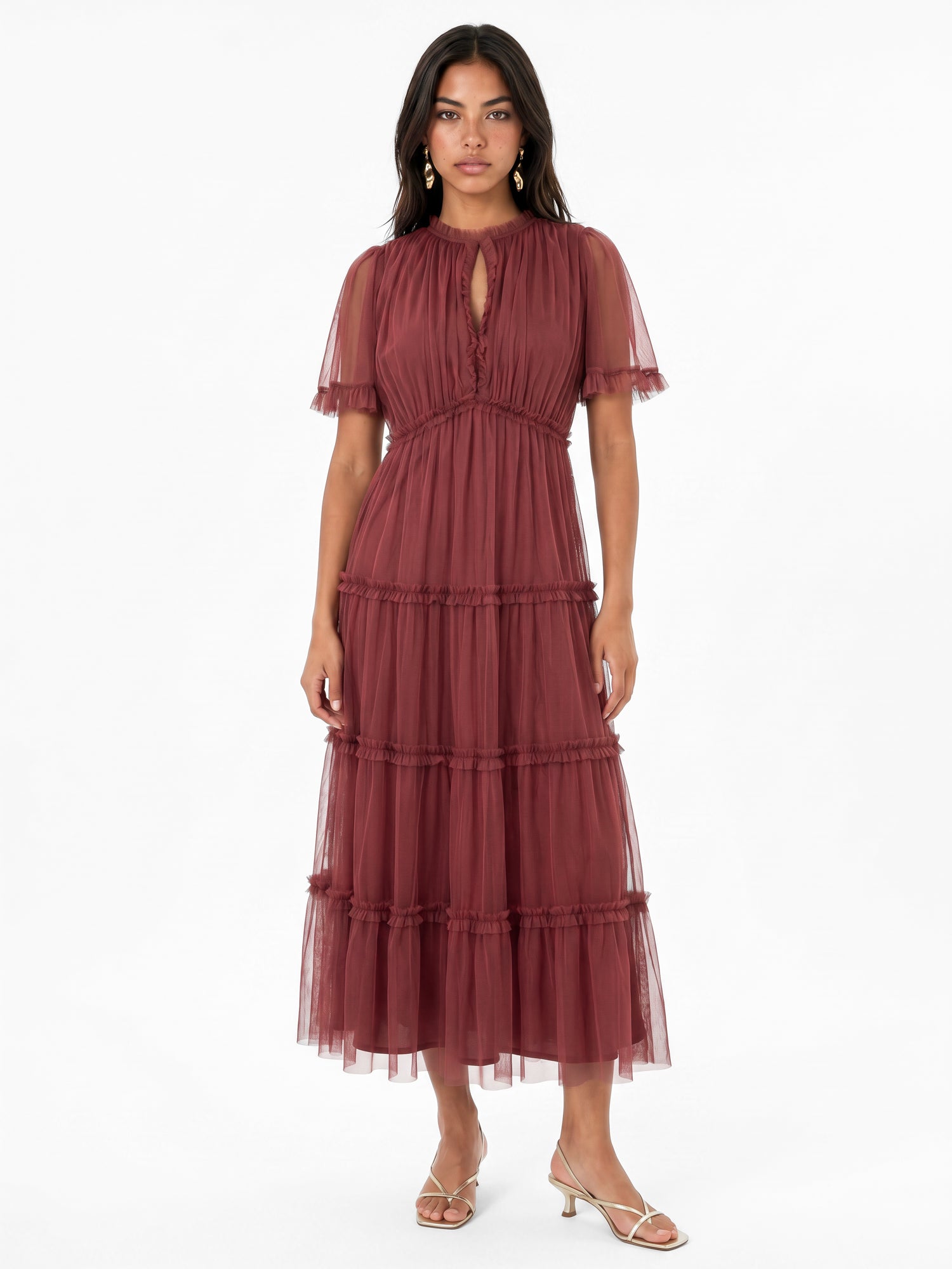 Anaya with Love Rusted Rose Keyhole Detail Short Sleeve Frill Midaxi Dress