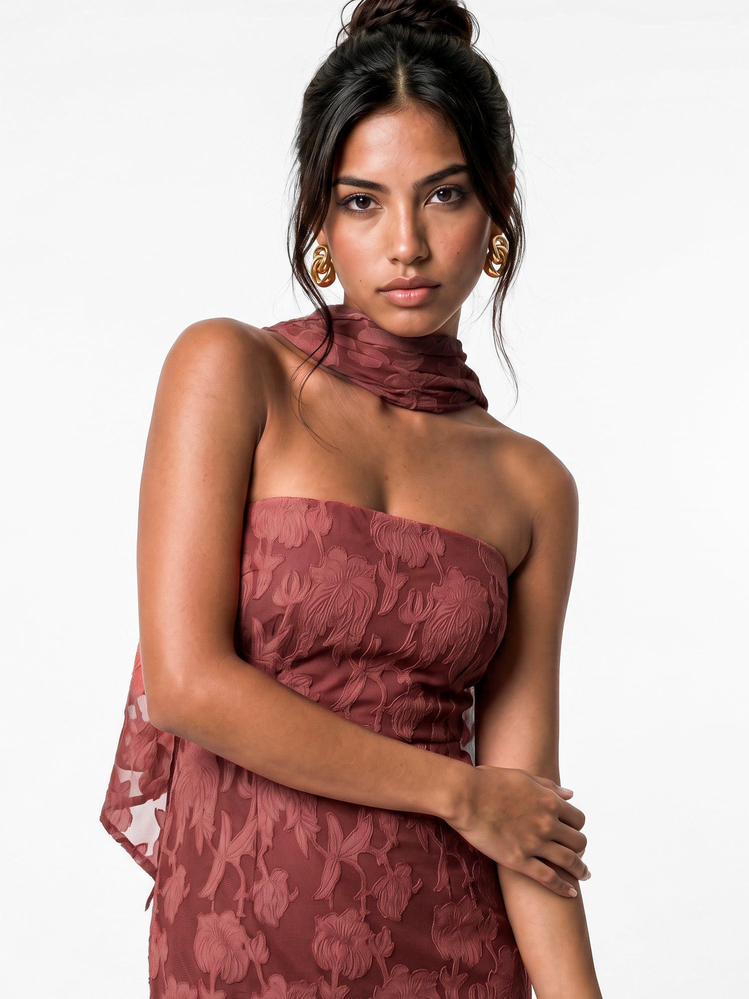 Anaya With Love Recycled Floral Burnout Bandeau Maxi Dress with Scarf