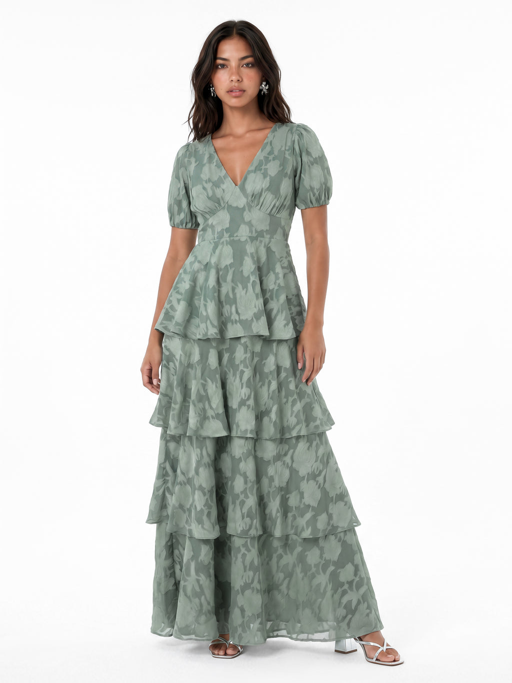Anaya With Love Recycled Willow Green Floral Burnout Tiered Maxi Dress