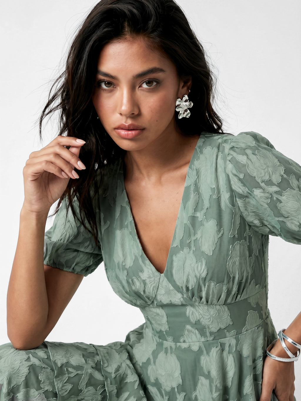 Anaya With Love Recycled Willow Green Floral Burnout Tiered Maxi Dress