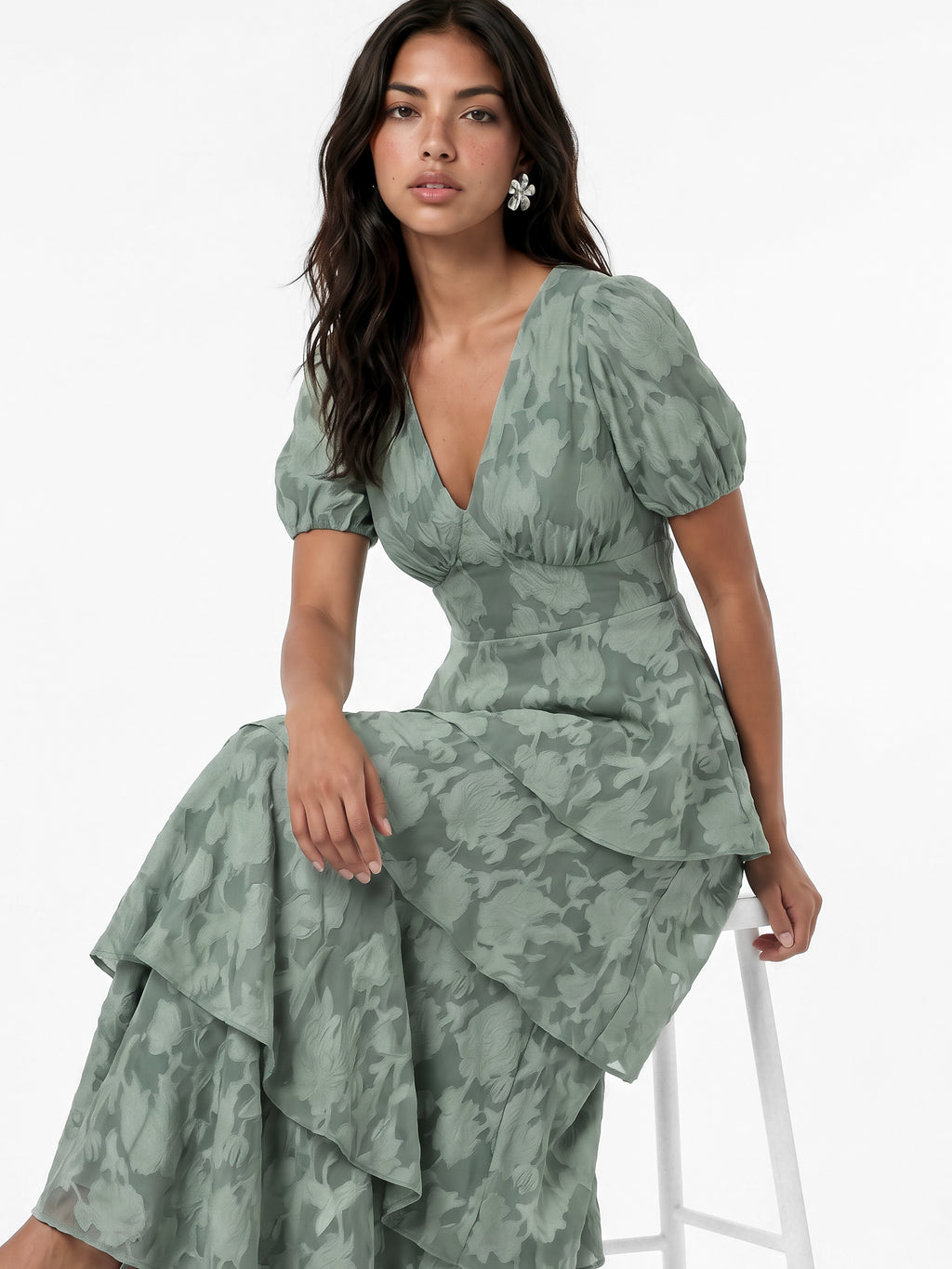 Anaya With Love Recycled Willow Green Floral Burnout Tiered Maxi Dress