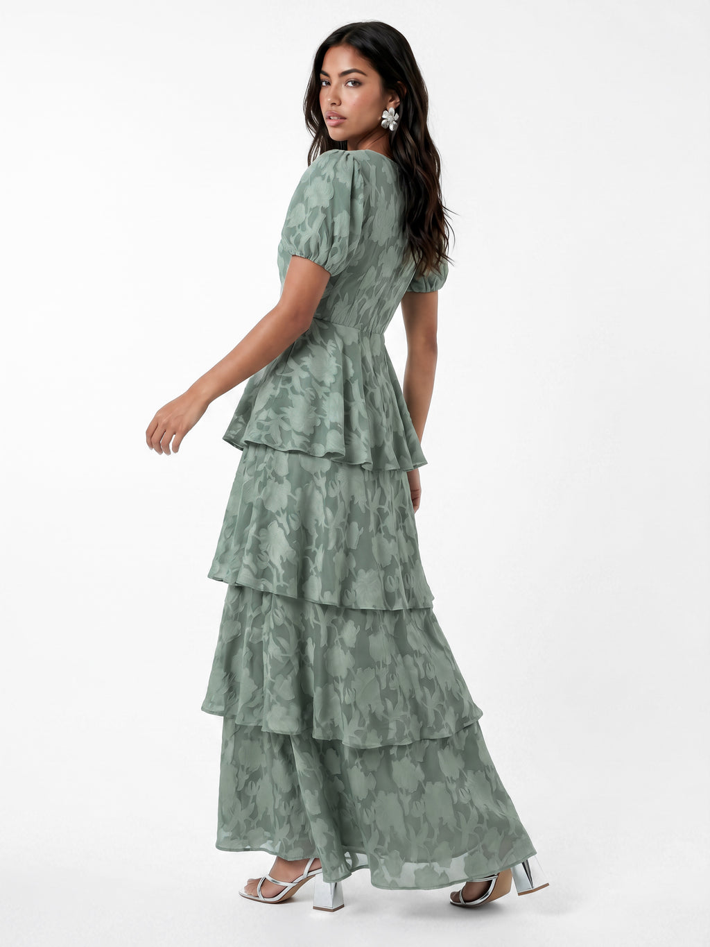 Anaya With Love Recycled Willow Green Floral Burnout Tiered Maxi Dress