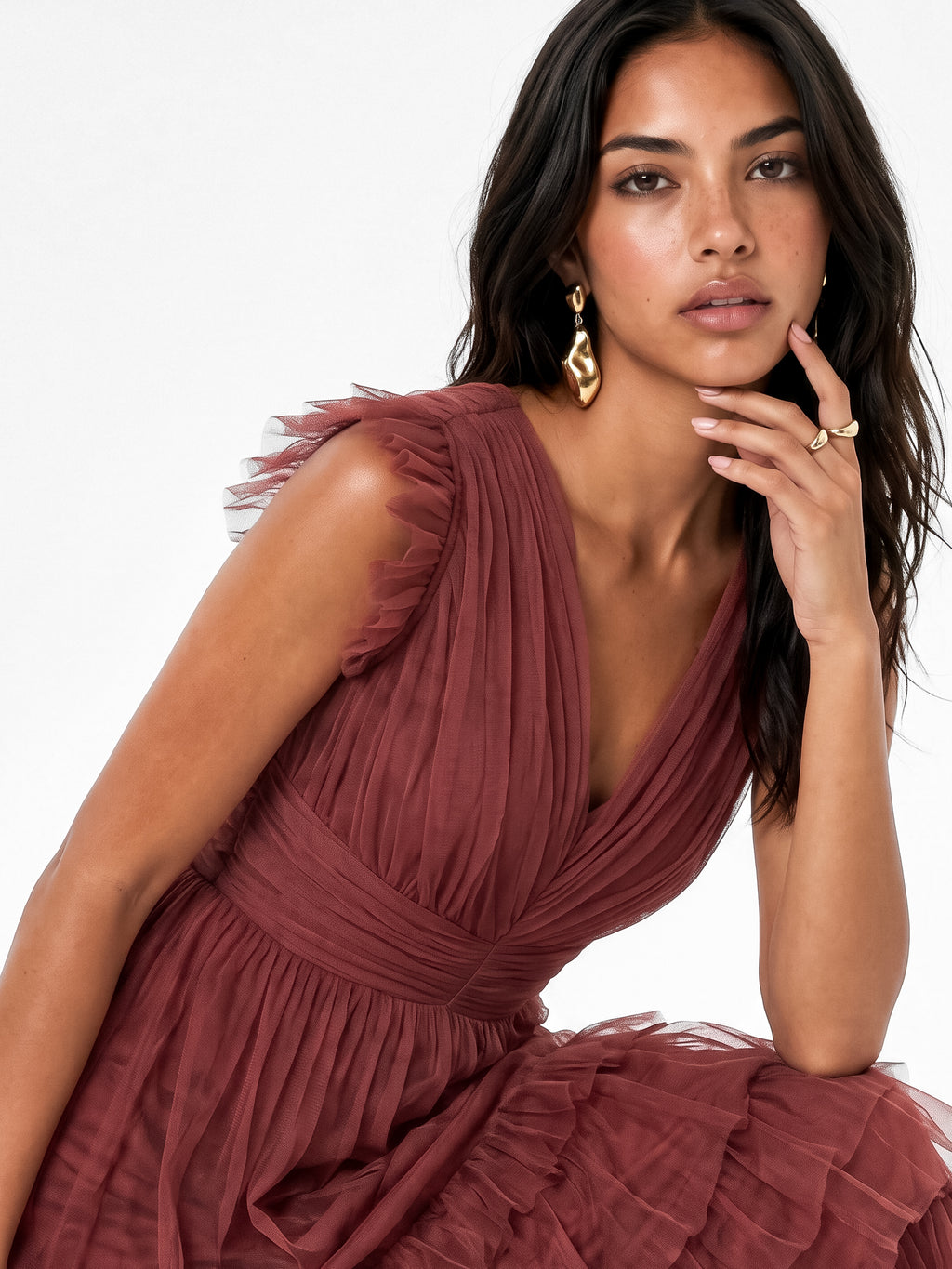 Anaya With Love Recycled Rusted Rose Flutter Sleeve Ruffle Maxi Dress