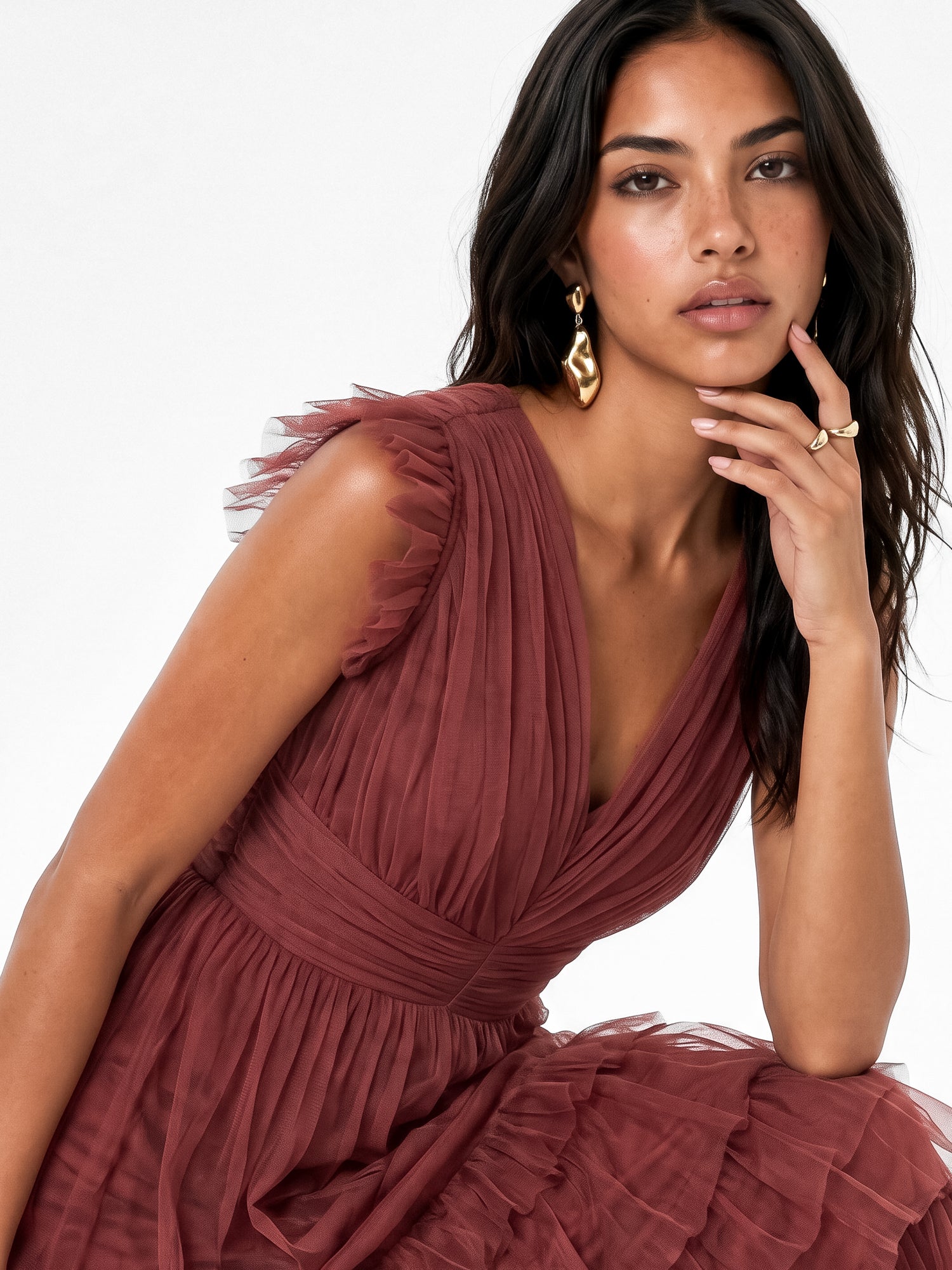 Anaya With Love Recycled Rusted Rose Flutter Sleeve Ruffle Maxi Dress