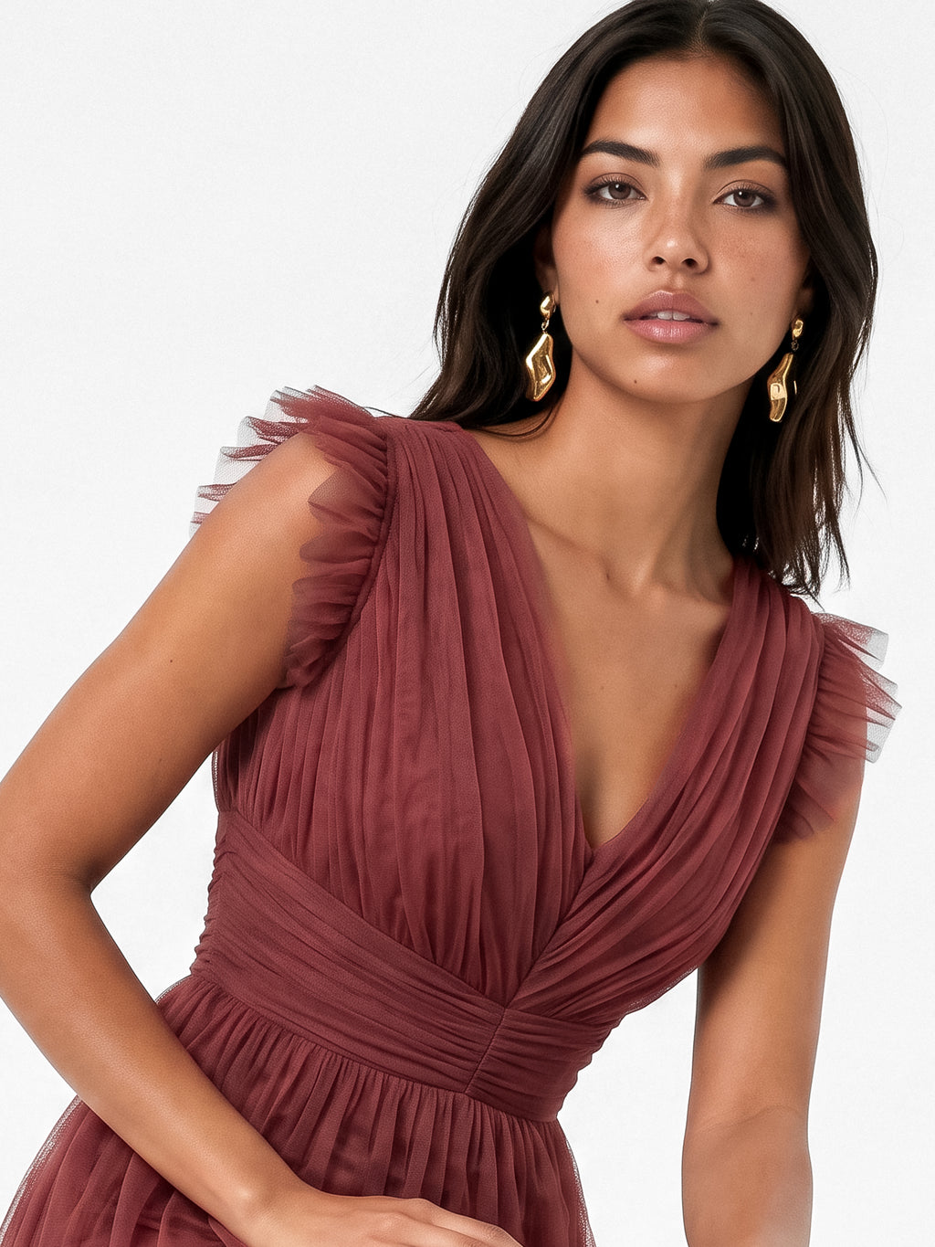 Anaya With Love Recycled Rusted Rose Flutter Sleeve Ruffle Maxi Dress