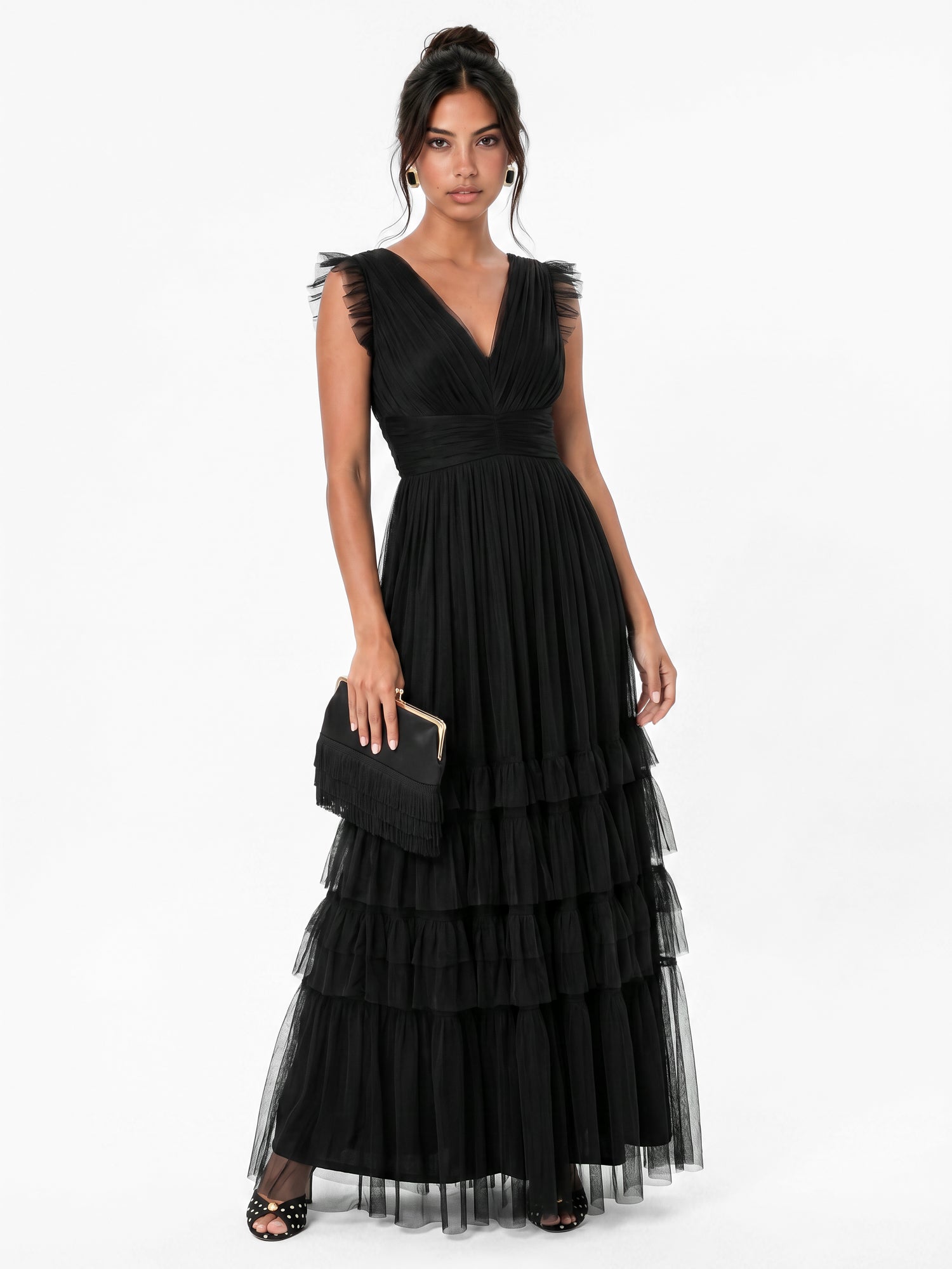 Anaya With Love Recycled Black Flutter Sleeve Ruffle Maxi Dress