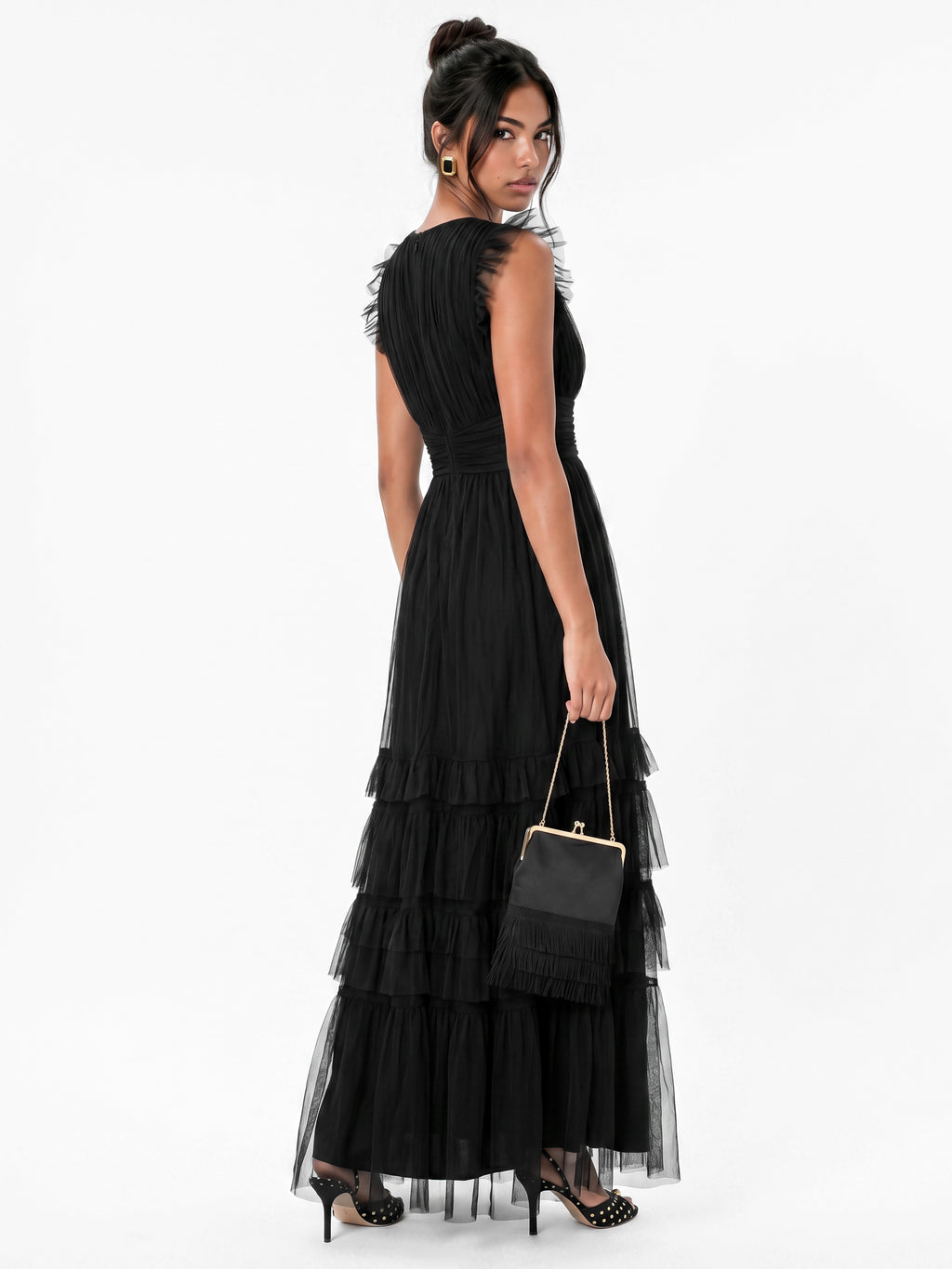 Anaya With Love Recycled Black Flutter Sleeve Ruffle Maxi Dress