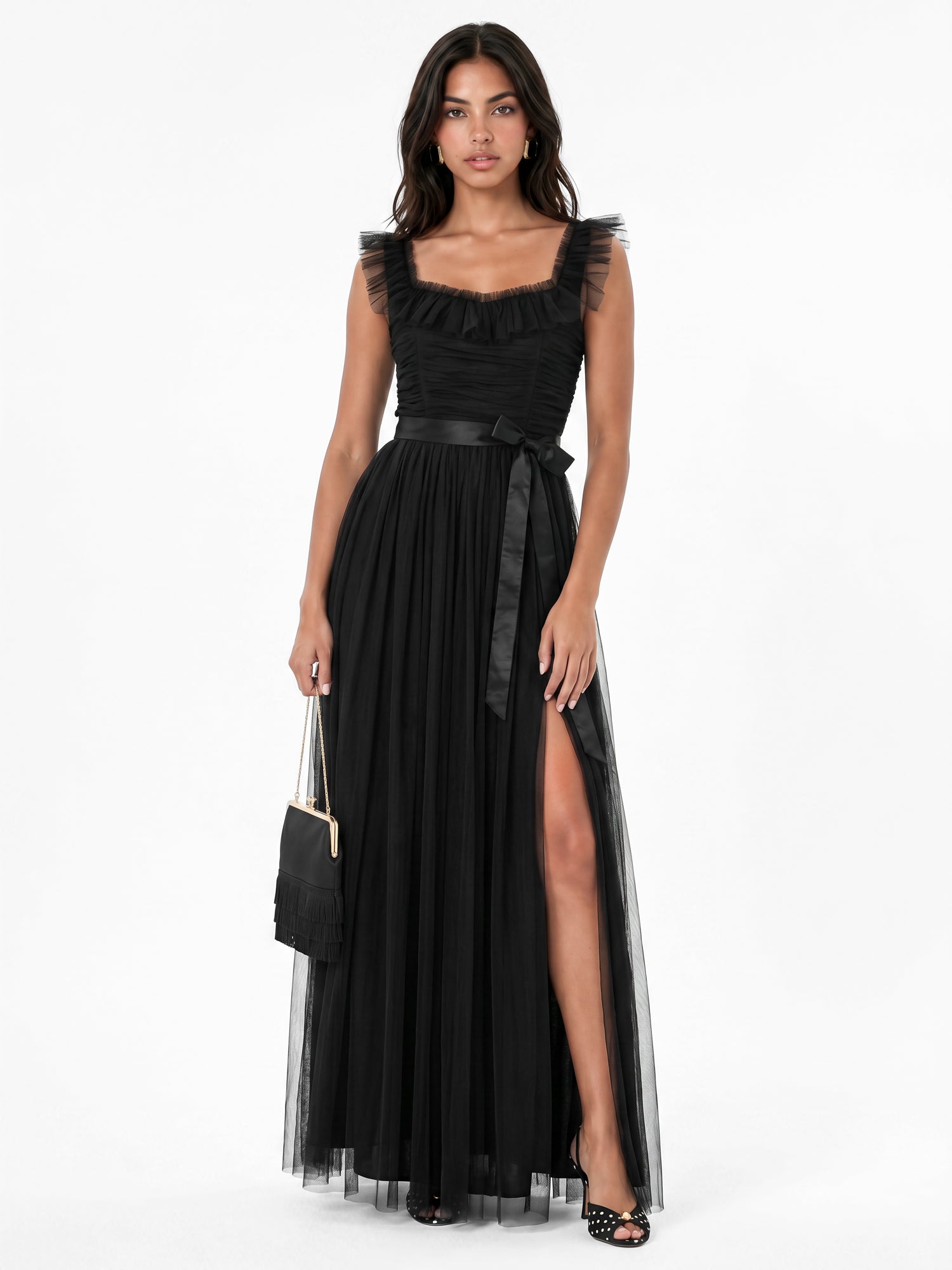 Anaya With Love Recycled Black Strappy Ruffle Maxi Dress with Sash Belt