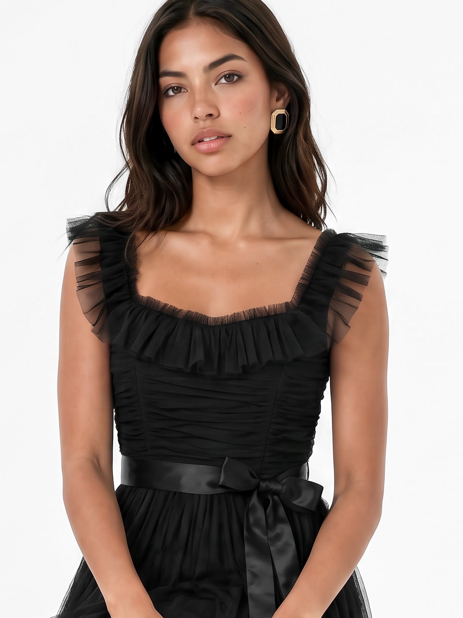 Anaya With Love Recycled Black Strappy Ruffle Maxi Dress with Sash Belt