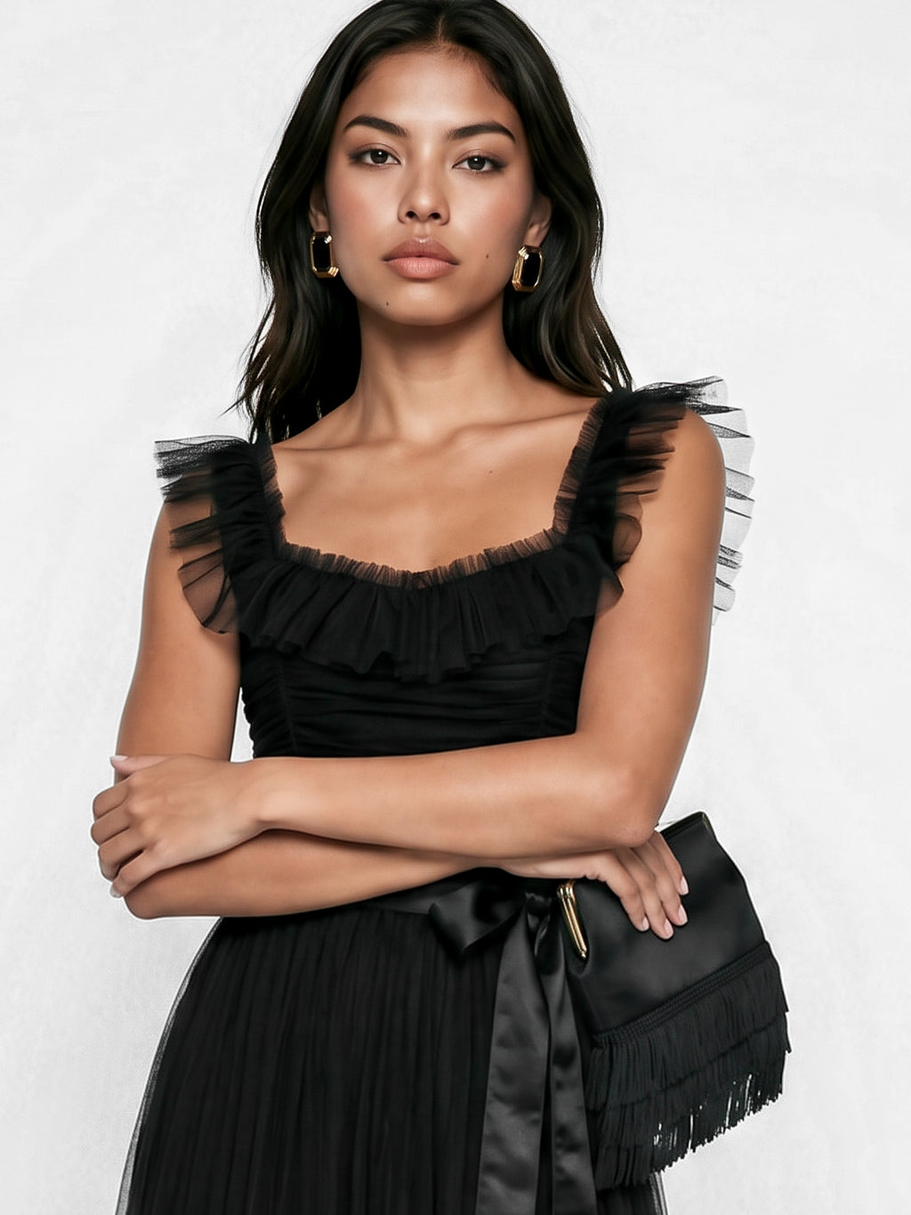 Anaya With Love Recycled Black Strappy Ruffle Maxi Dress with Sash Belt