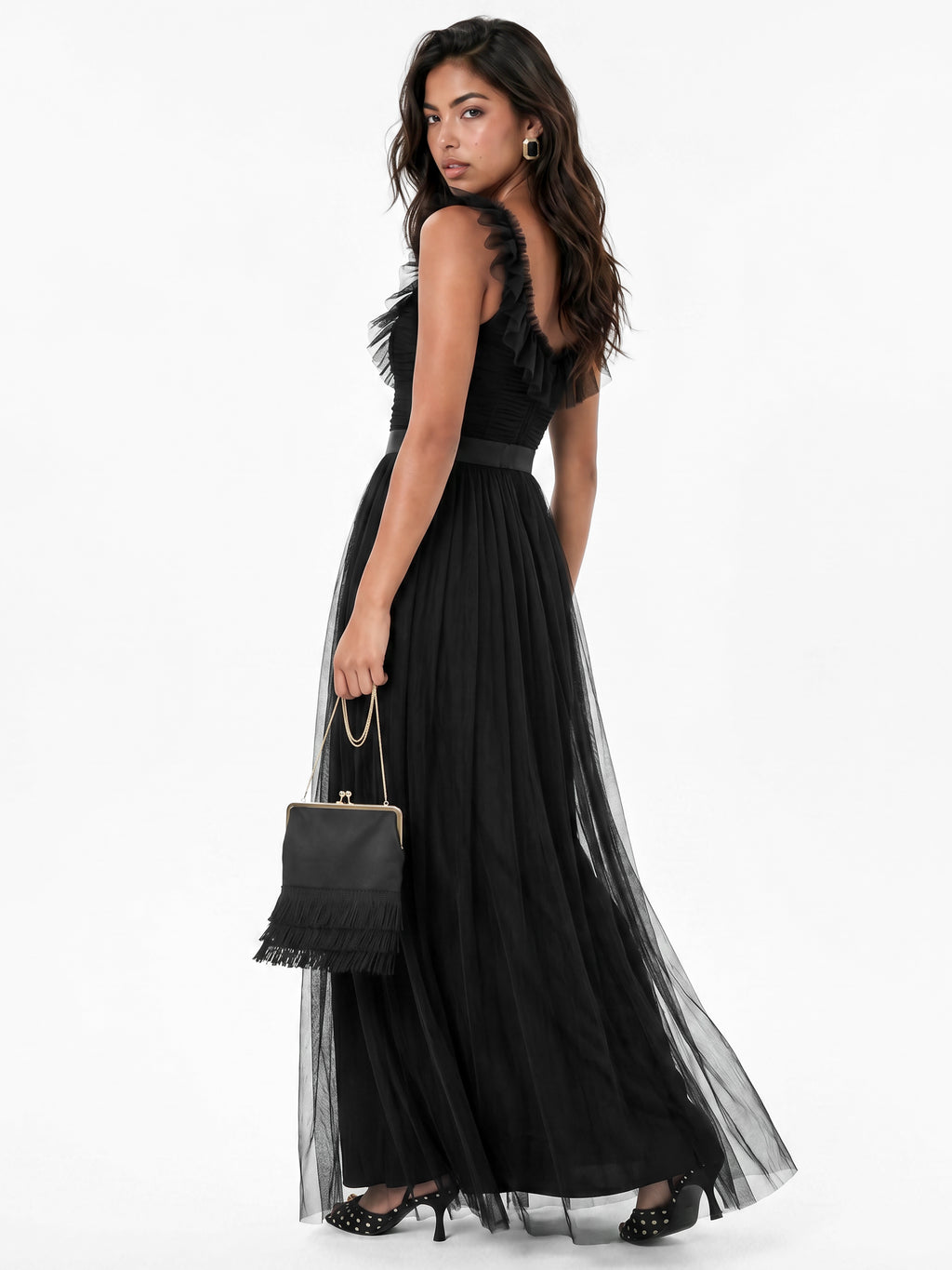 Anaya With Love Recycled Black Strappy Ruffle Maxi Dress with Sash Belt
