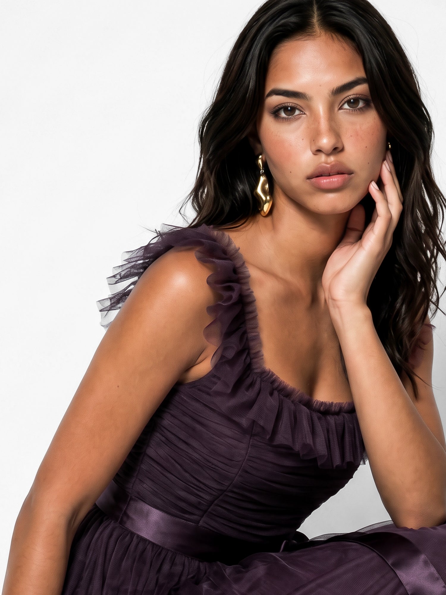 Anaya With Love Recycled Fig Strappy Ruffle Maxi Dress with Sash Belt