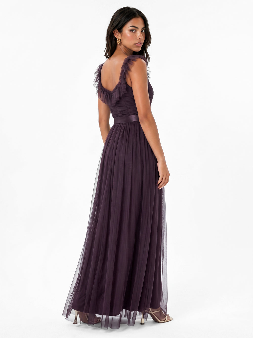 Anaya With Love Recycled Fig Strappy Ruffle Maxi Dress with Sash Belt