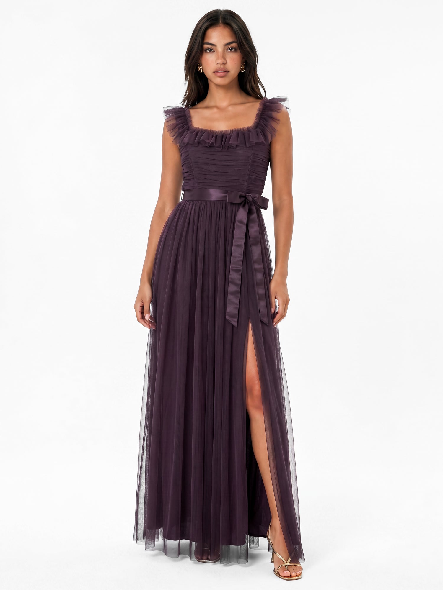 Anaya With Love Recycled Fig Strappy Ruffle Maxi Dress with Sash Belt