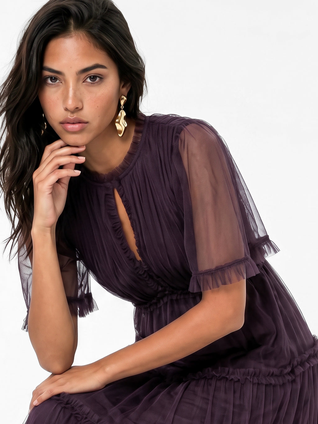 Anaya with Love Recycled Fig Keyhole Detail Short Sleeve Frill Midaxi Dress