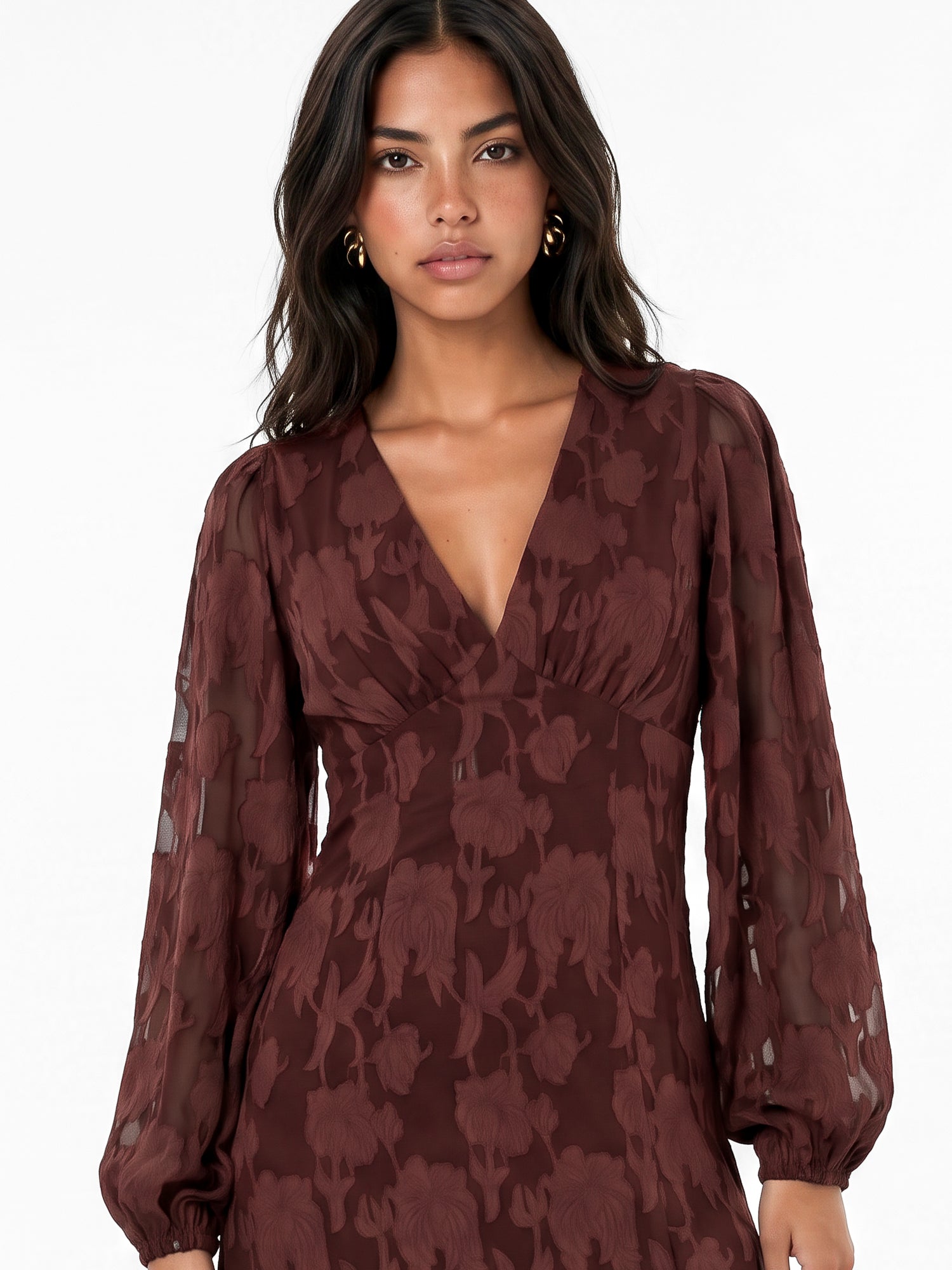 Anaya With Love Recycled Chocolate Floral Burnout Long Sleeve Ruffle Maxi Dress