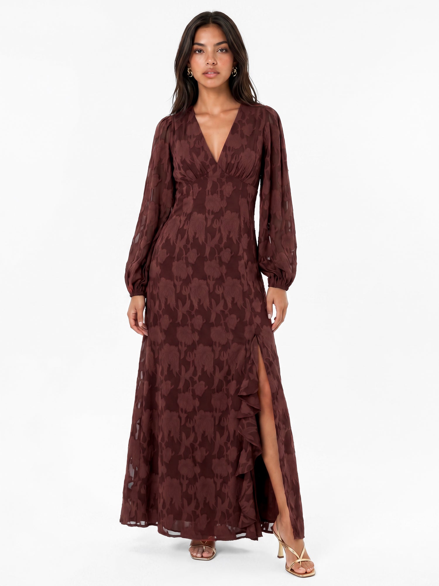 Anaya With Love Recycled Chocolate Floral Burnout Long Sleeve Ruffle Maxi Dress