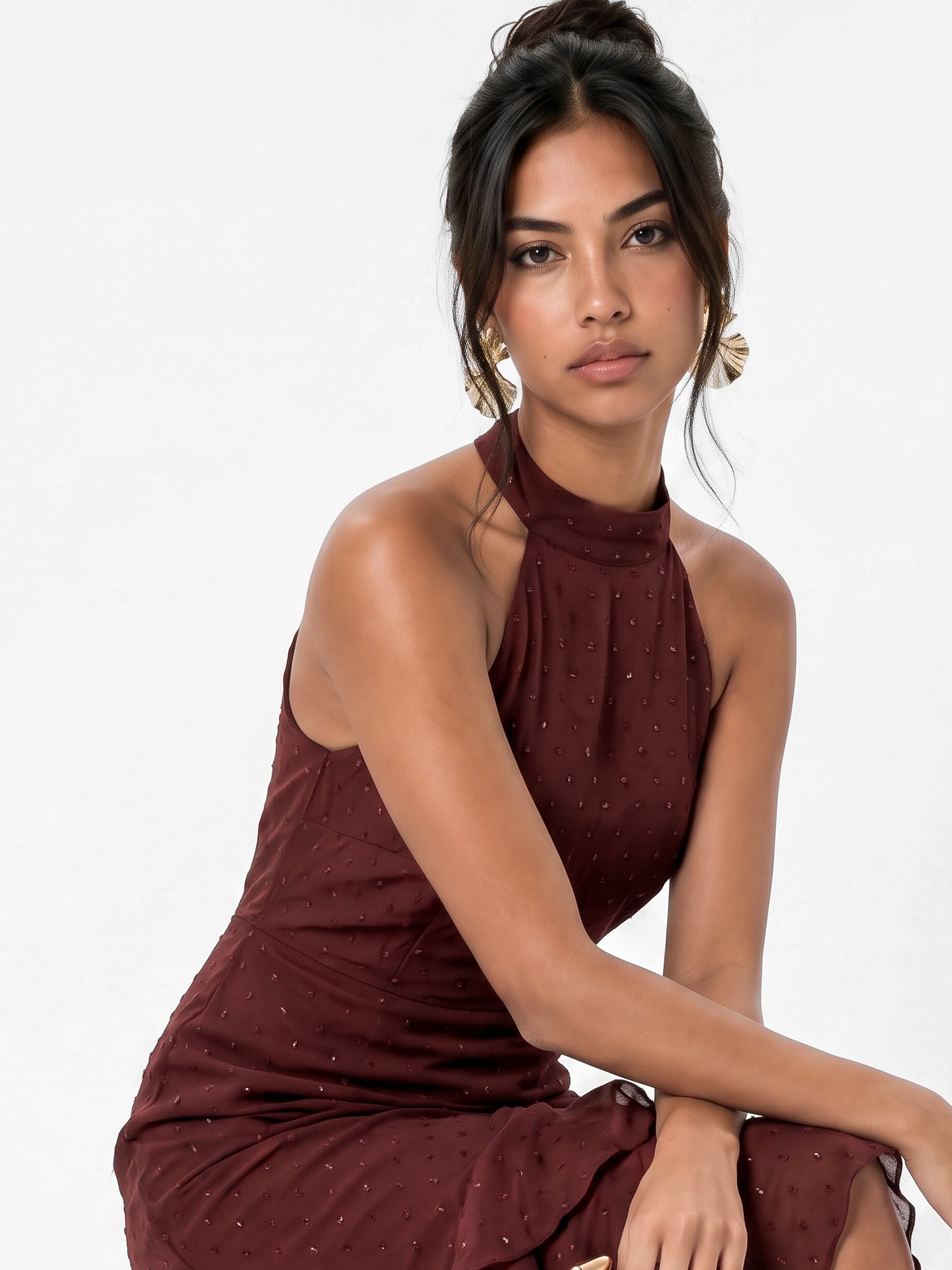 Anaya With Love Recycled Chocolate Halter Neck Waterfall Ruffle Maxi Dress