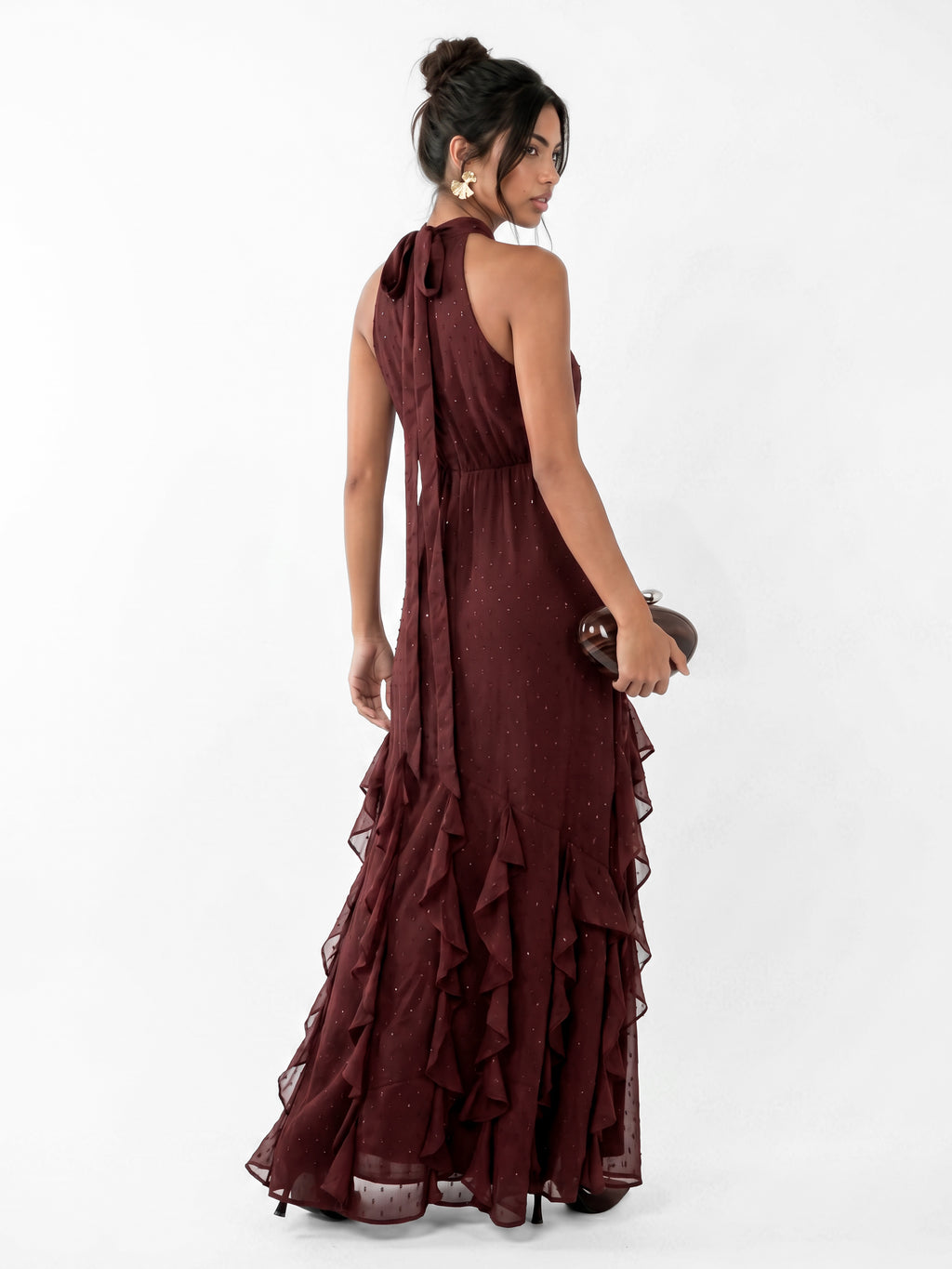 Anaya With Love Recycled Chocolate Halter Neck Waterfall Ruffle Maxi Dress