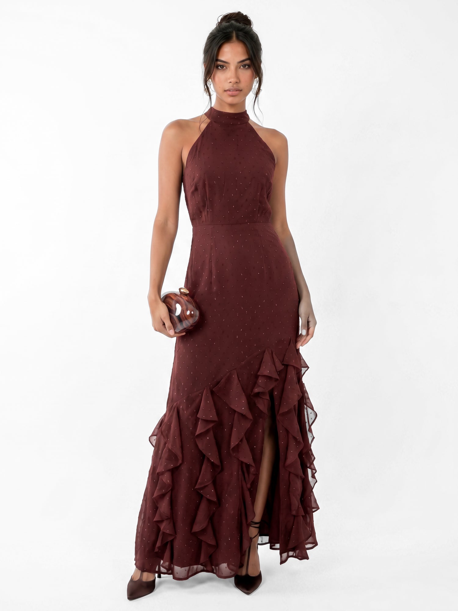 Anaya With Love Recycled Chocolate Halter Neck Waterfall Ruffle Maxi Dress
