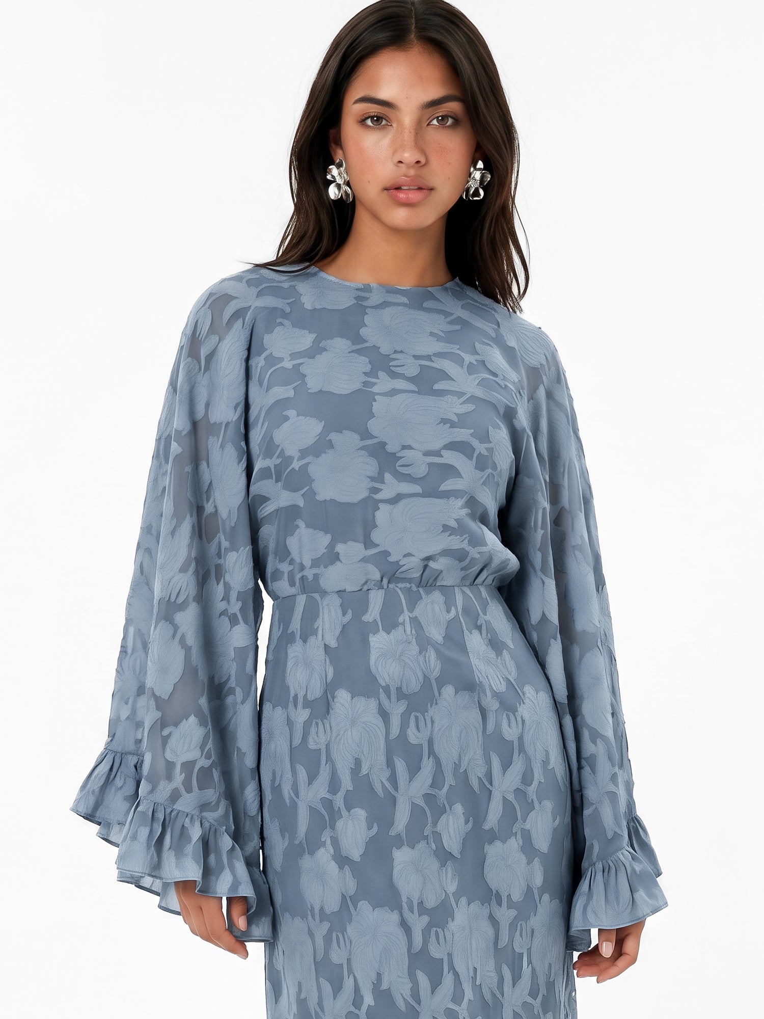 Anaya With Love Recycled Opal Blue Floral Burnout Oversized Ruffle Sleeve Maxi Dress