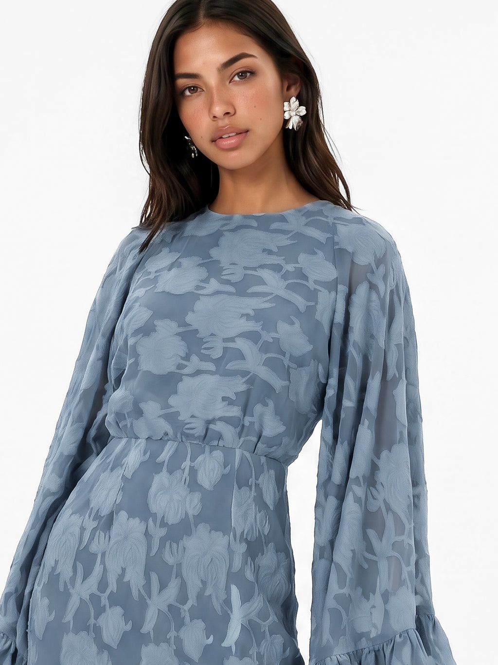 Anaya With Love Recycled Opal Blue Floral Burnout Oversized Ruffle Sleeve Maxi Dress