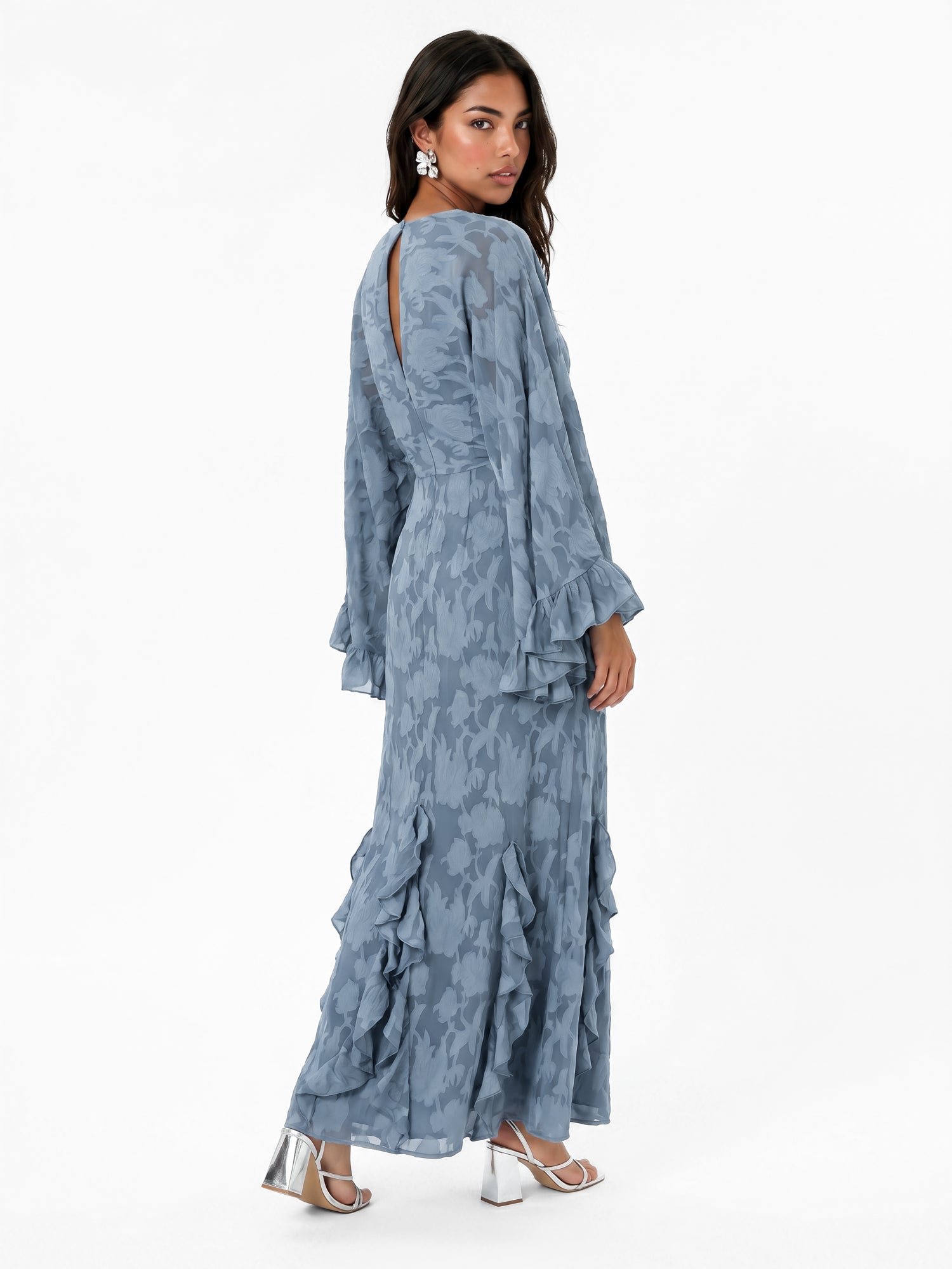 Anaya With Love Recycled Opal Blue Floral Burnout Oversized Ruffle Sleeve Maxi Dress