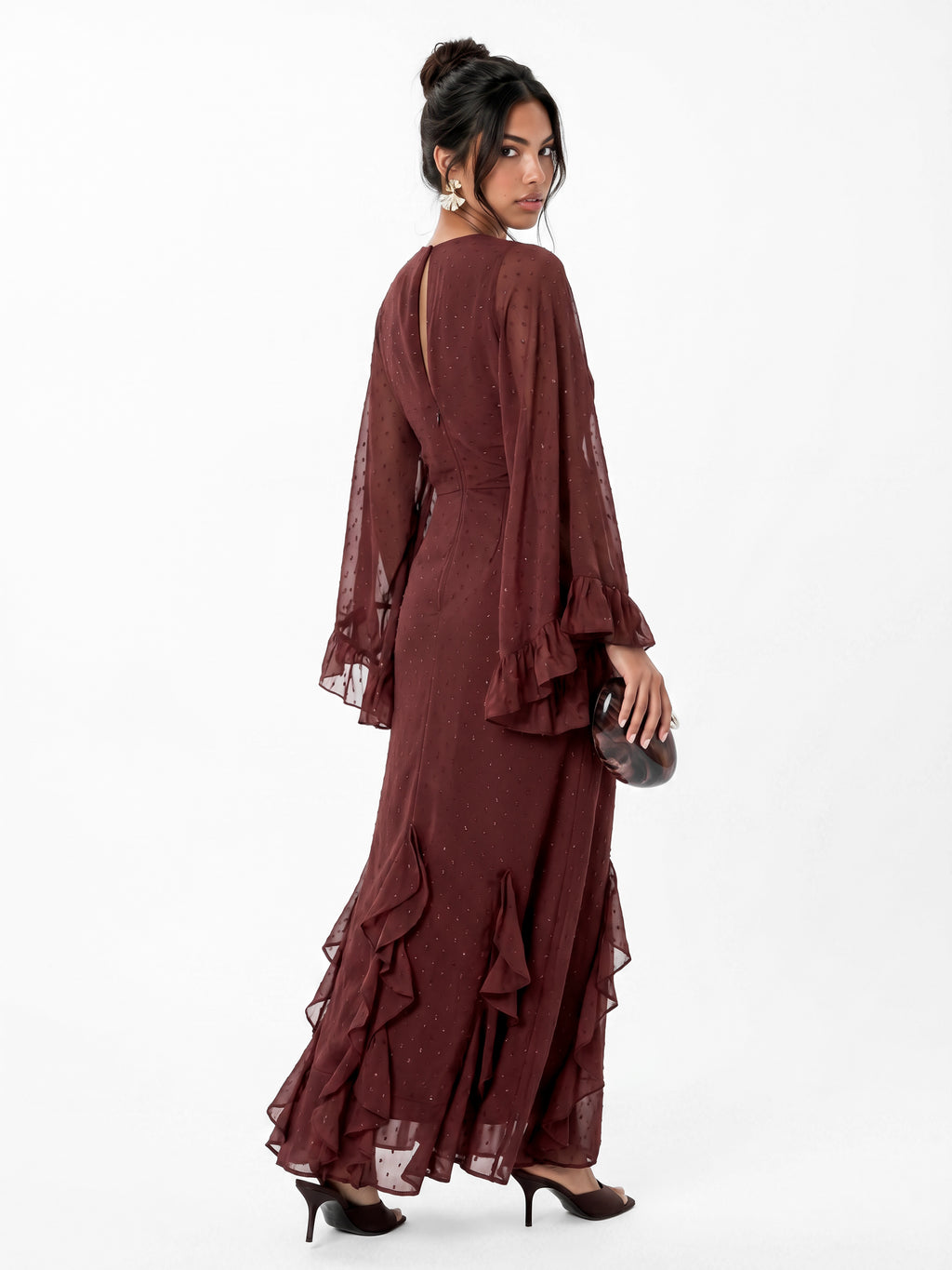 Anaya With Love Recycled Chocolate Oversized Ruffle Sleeve Maxi Dress