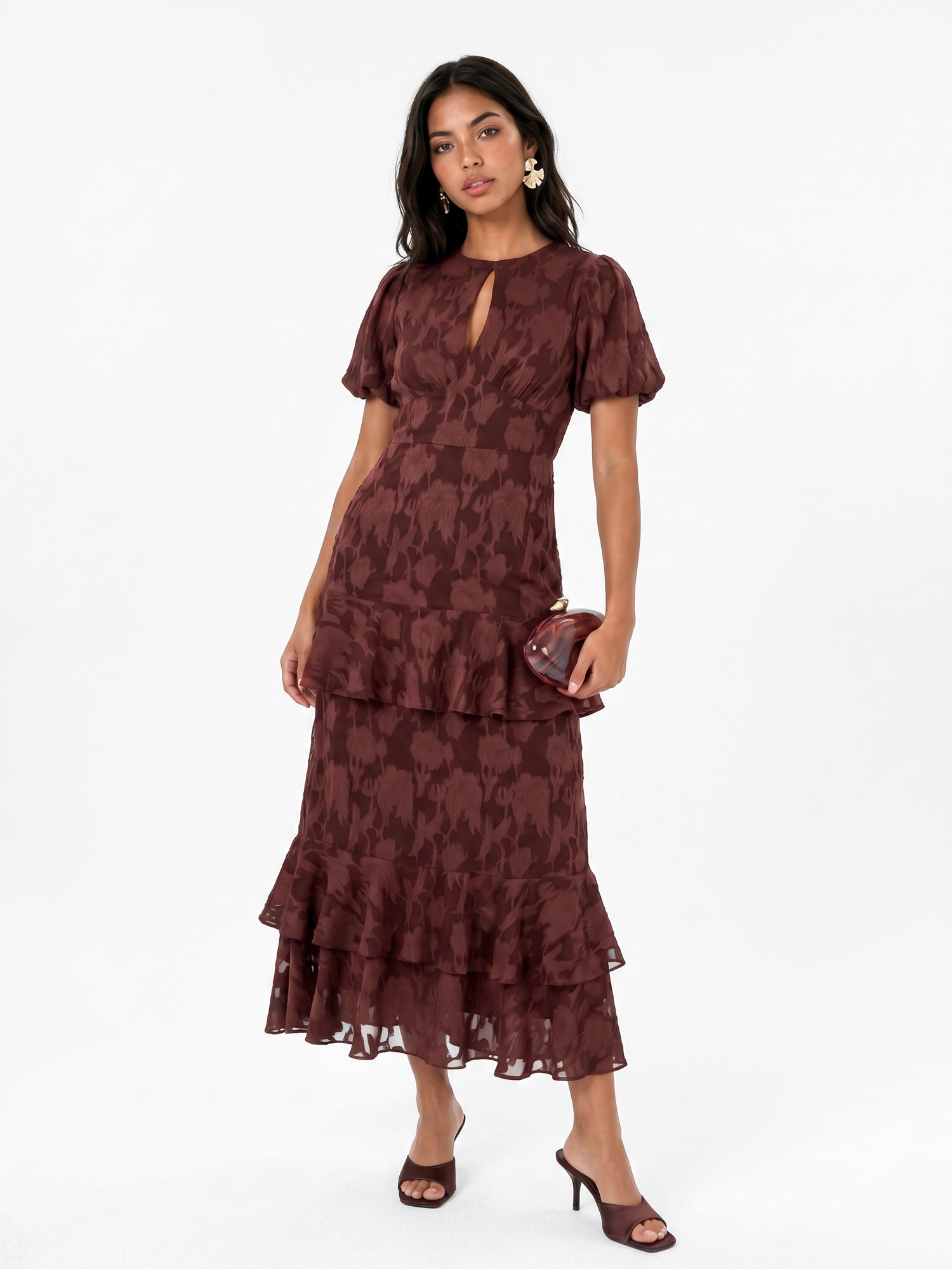 Anaya With Love Recycled Chocolate Floral Burnout Tiered Midaxi Dress
