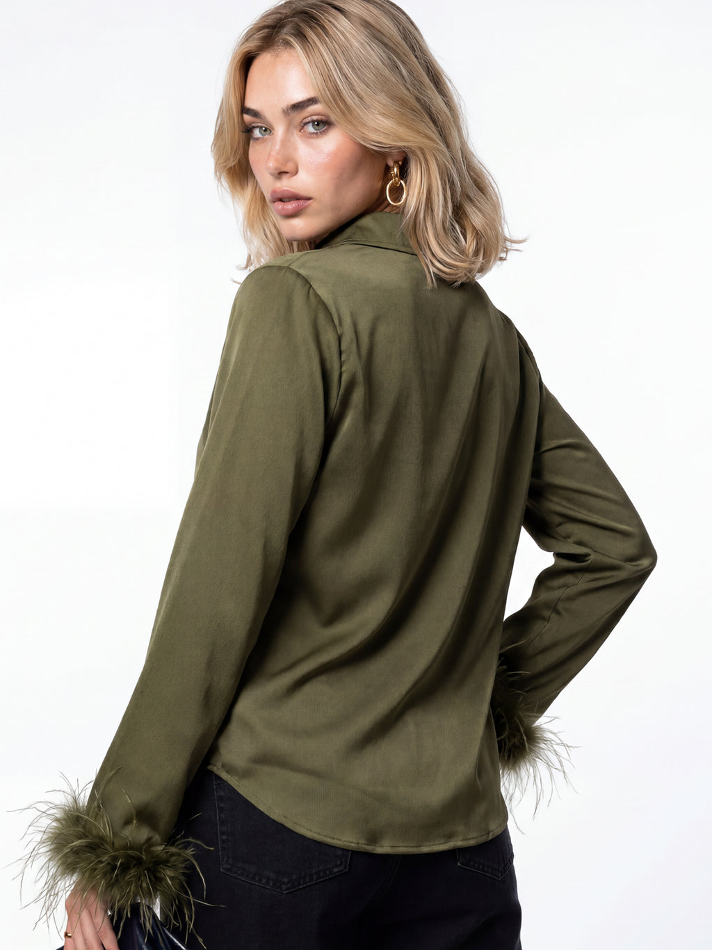 Lovedrobe Olive Satin Shirt With Feather Cuffs