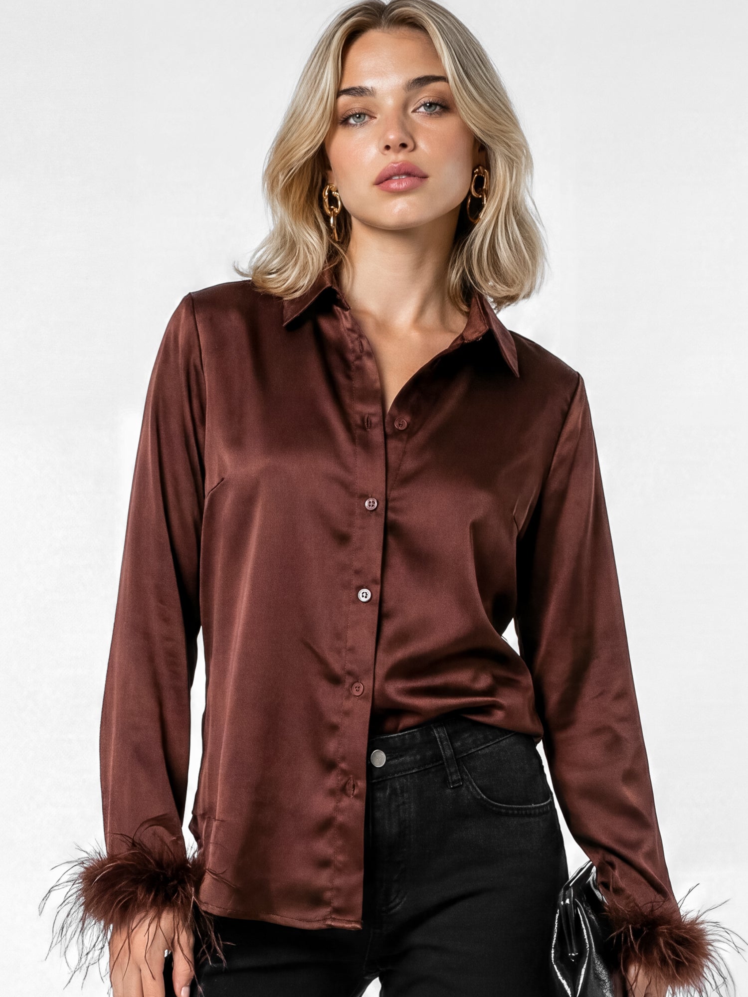 Lovedrobe Chocolate Satin Shirt with Feather Cuffs