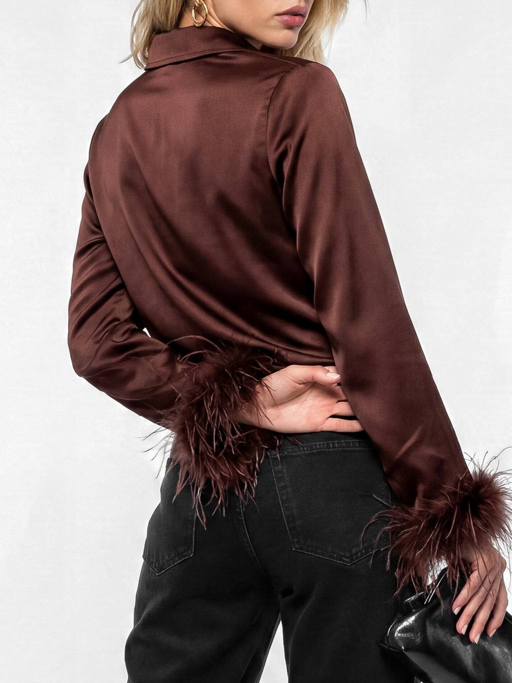 Lovedrobe Chocolate Satin Shirt with Feather Cuffs