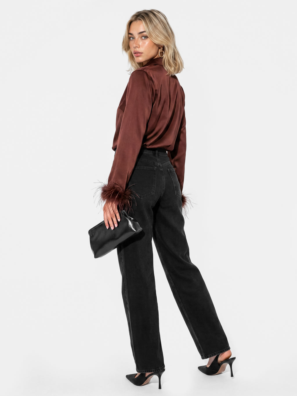 Lovedrobe Chocolate Satin Shirt with Feather Cuffs