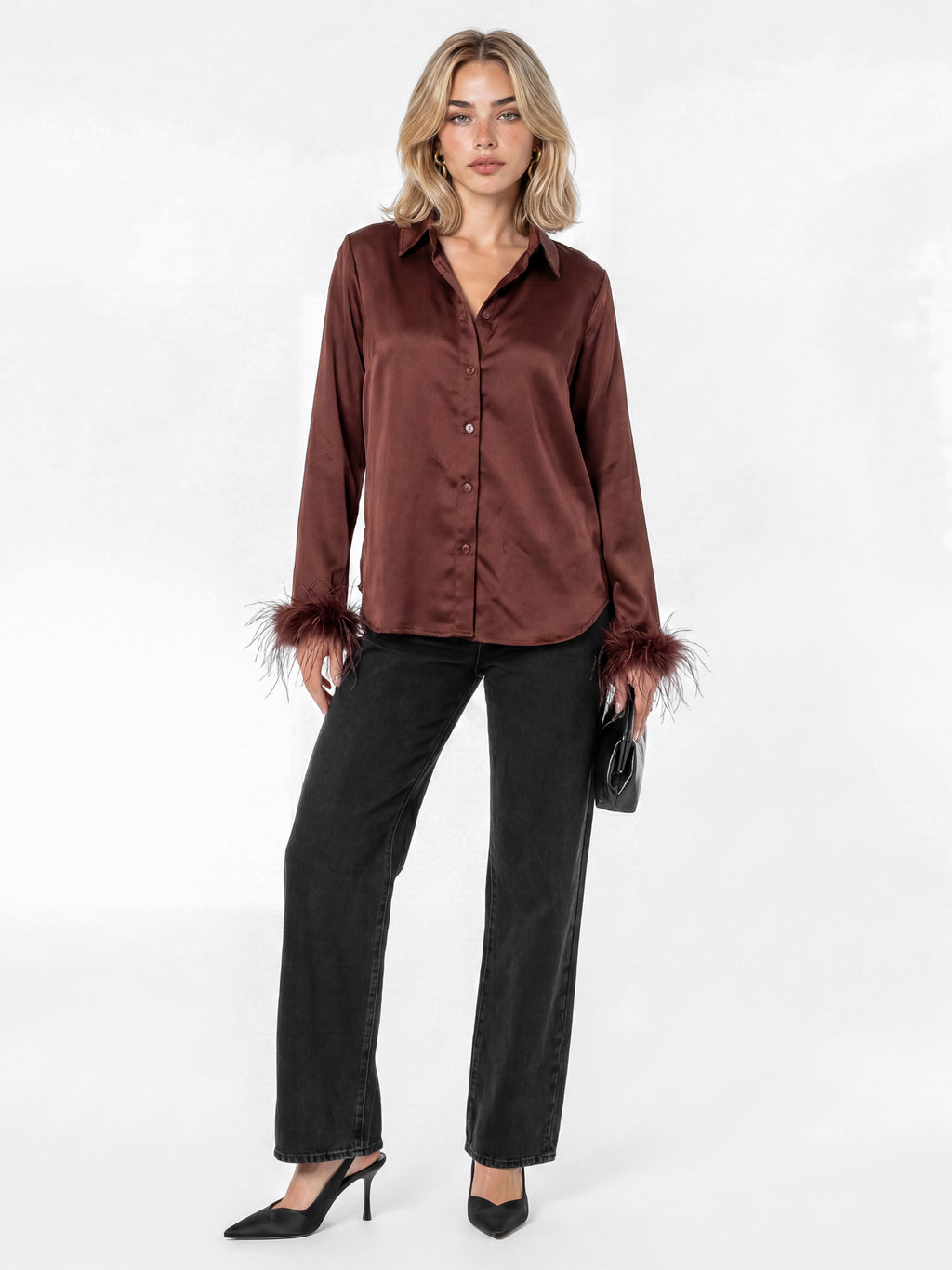 Lovedrobe Chocolate Satin Shirt with Feather Cuffs