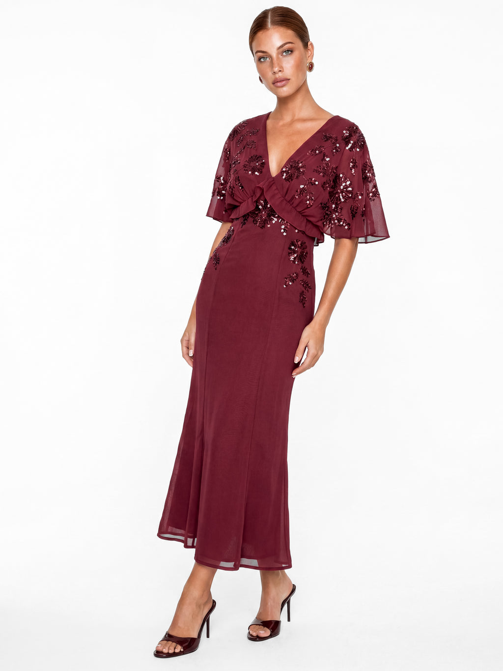 Maya Ruby Floral Embellished Cape Sleeve Midaxi Dress