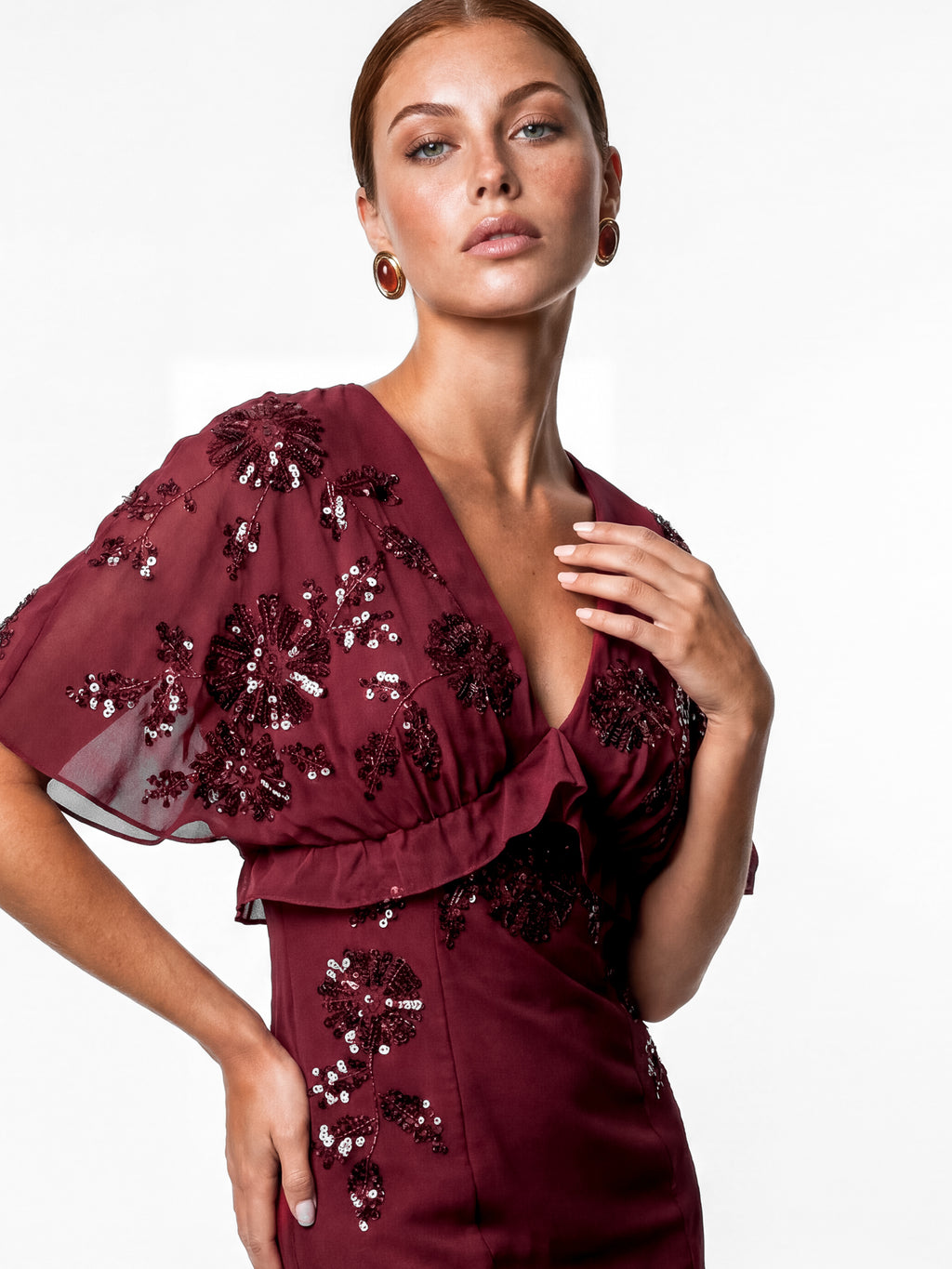 Maya Ruby Floral Embellished Cape Sleeve Midaxi Dress