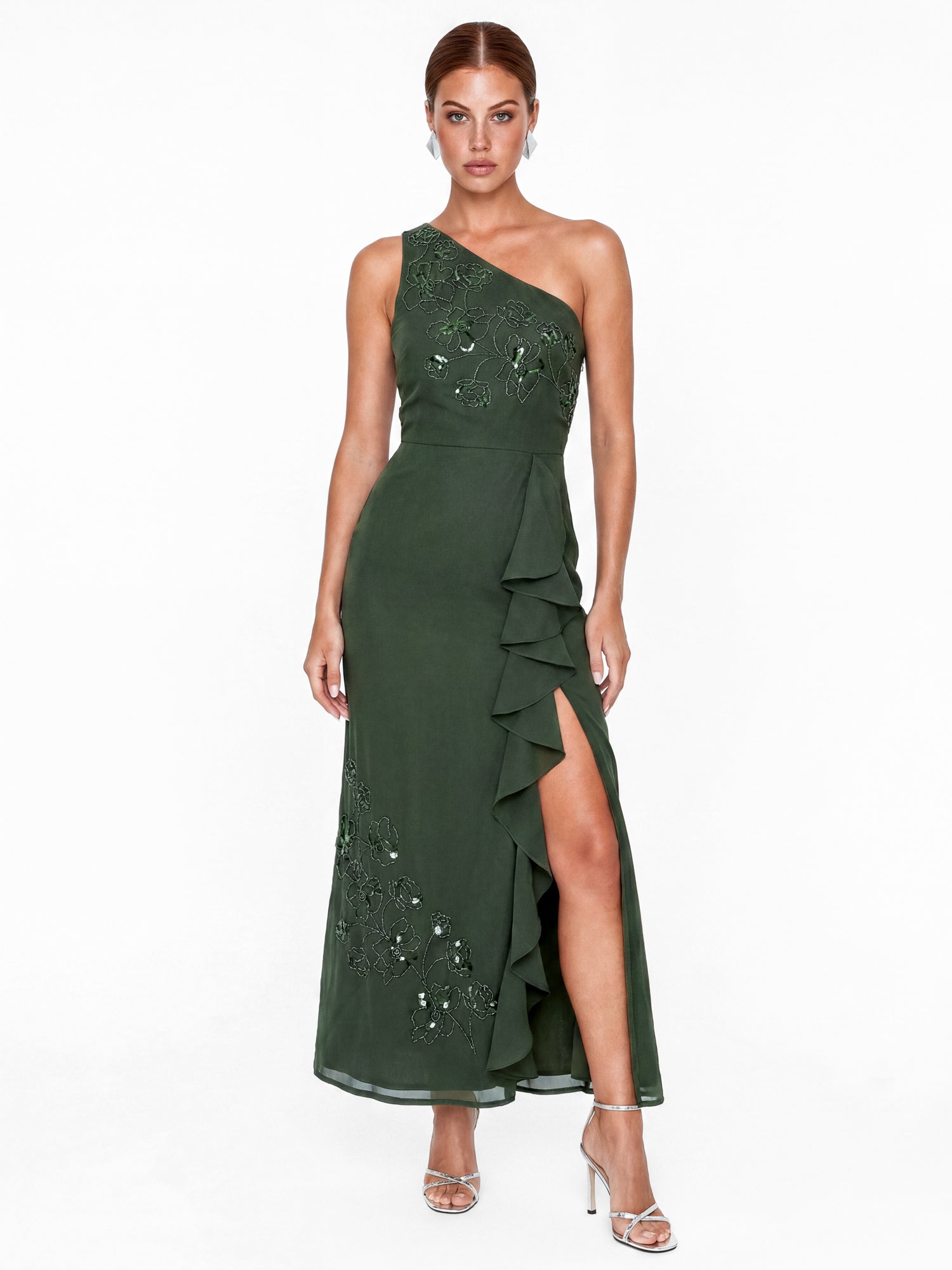 Maya Forest Green Embellished One Shoulder Ruffle Midaxi Dress