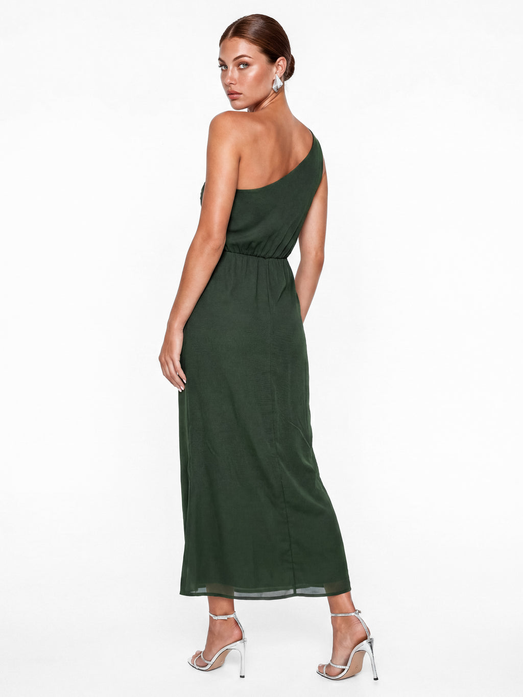 Maya Forest Green Embellished One Shoulder Ruffle Midaxi Dress