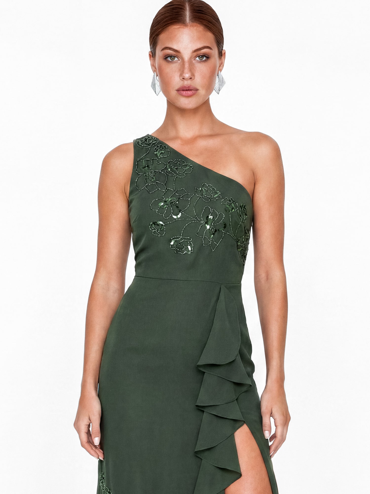 Maya Forest Green Embellished One Shoulder Ruffle Midaxi Dress