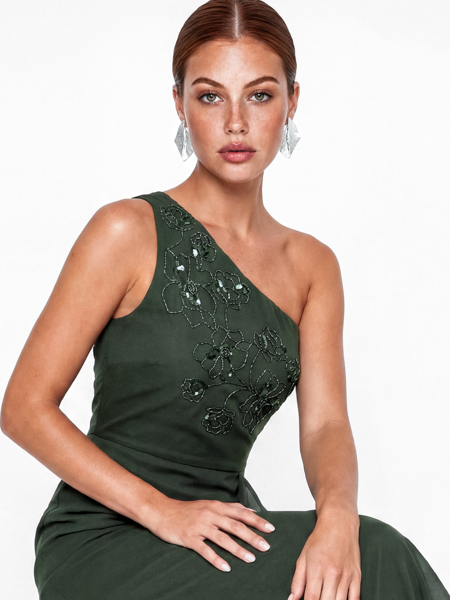 Maya Forest Green Embellished One Shoulder Ruffle Midaxi Dress
