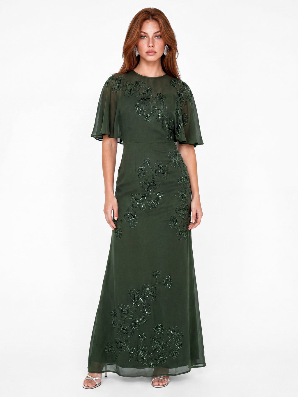 Maya Forest Green Floral Embellished Angel Sleeve Maxi Dress