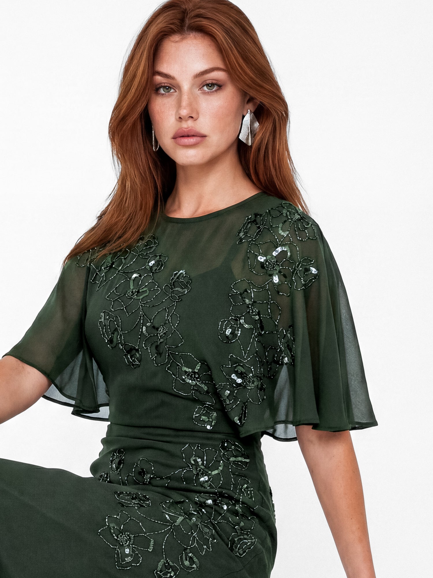 Maya Forest Green Floral Embellished Angel Sleeve Maxi Dress