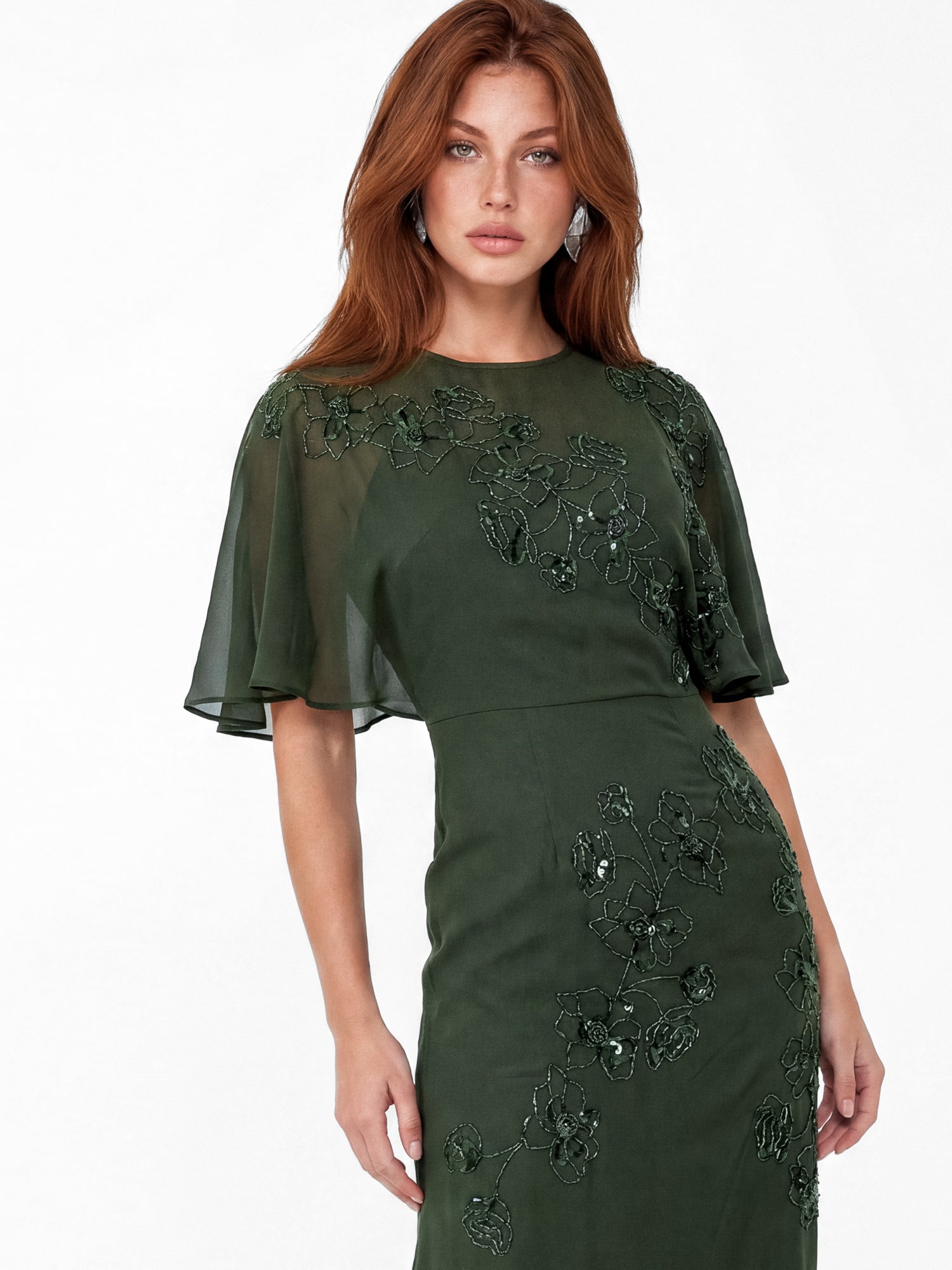 Maya Forest Green Floral Embellished Angel Sleeve Maxi Dress