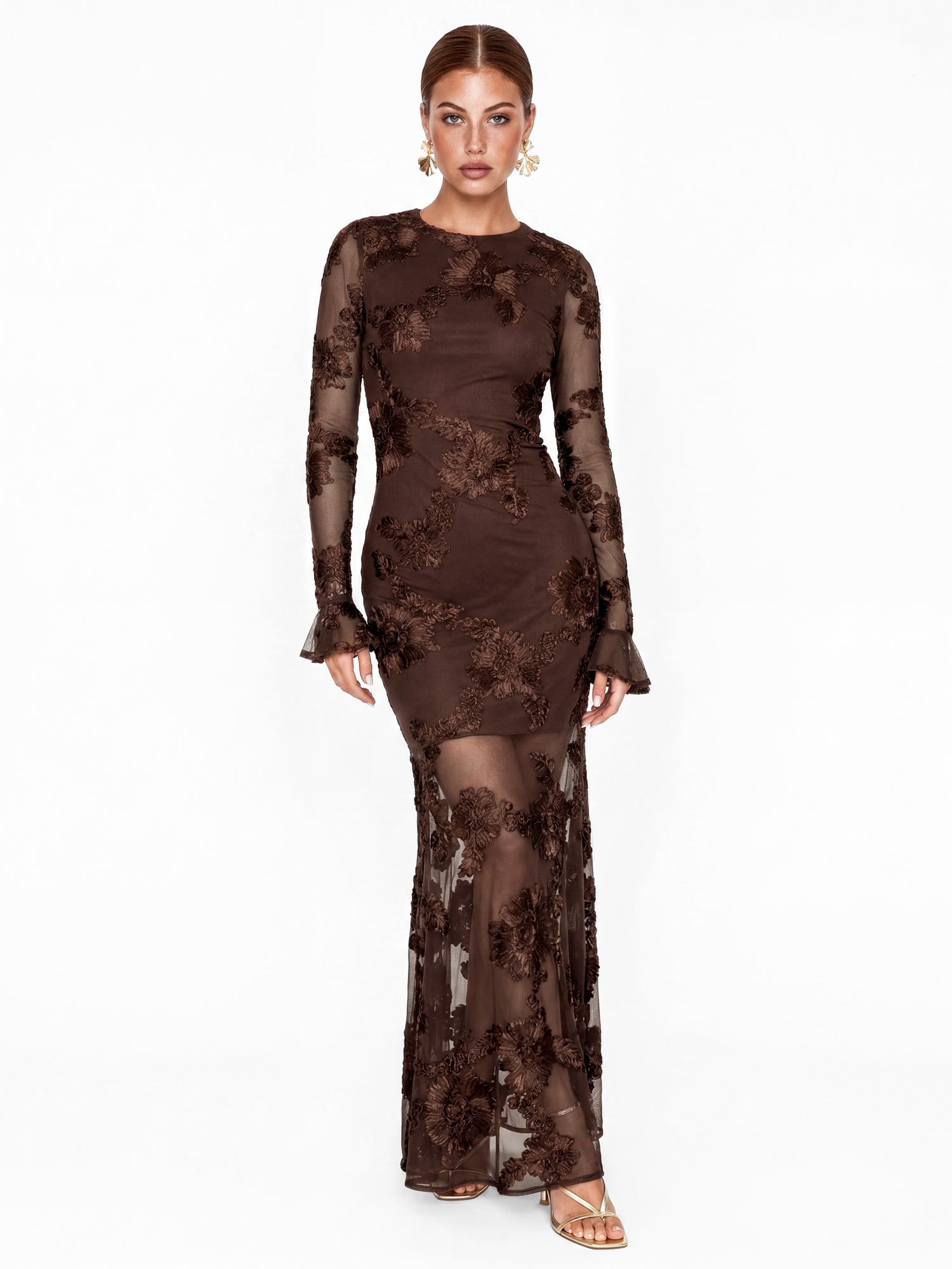 Maya Chocolate 3D Floral Applique Long Sleeve Mesh Maxi Dress